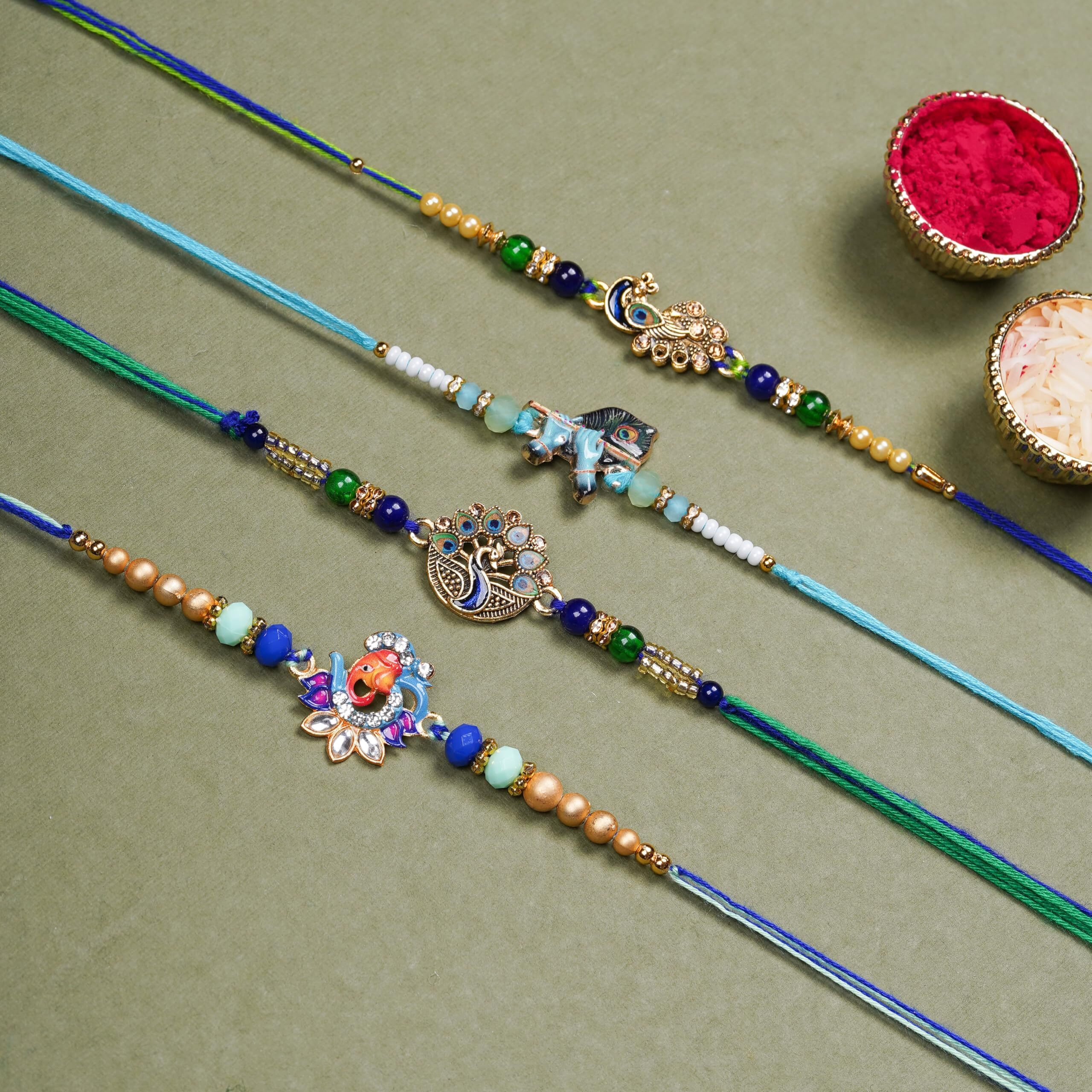 Finemoe Set Of 4 Rakhi Set For Brother, Traditional Peacock Feather, Krishna Matki, Designer Religious Rakhis With Roli Chawal, Rakhis For Rakshabandhan Festival, Rakhi Combo For Bhai, Brother, Bhaiya Bhabhi Kids, Men & Women (Set Of 4)
