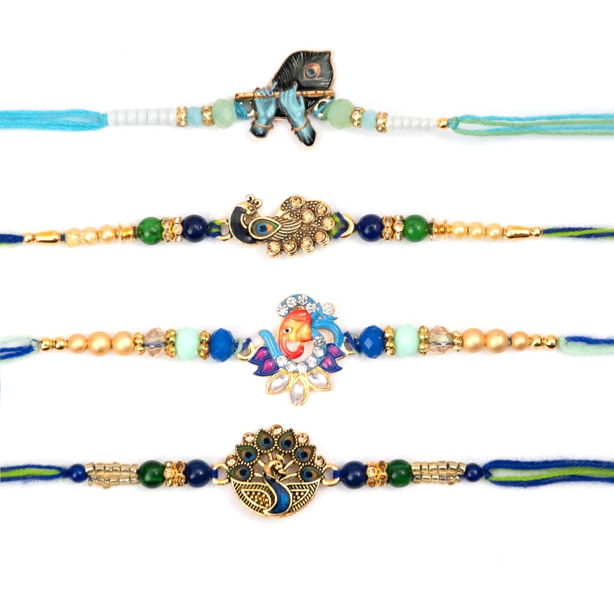 Finemoe Set Of 4 Rakhi Set For Brother, Traditional Peacock Feather, Krishna Matki, Designer Religious Rakhis With Roli Chawal, Rakhis For Rakshabandhan Festival, Rakhi Combo For Bhai, Brother, Bhaiya Bhabhi Kids, Men & Women (Set Of 4)