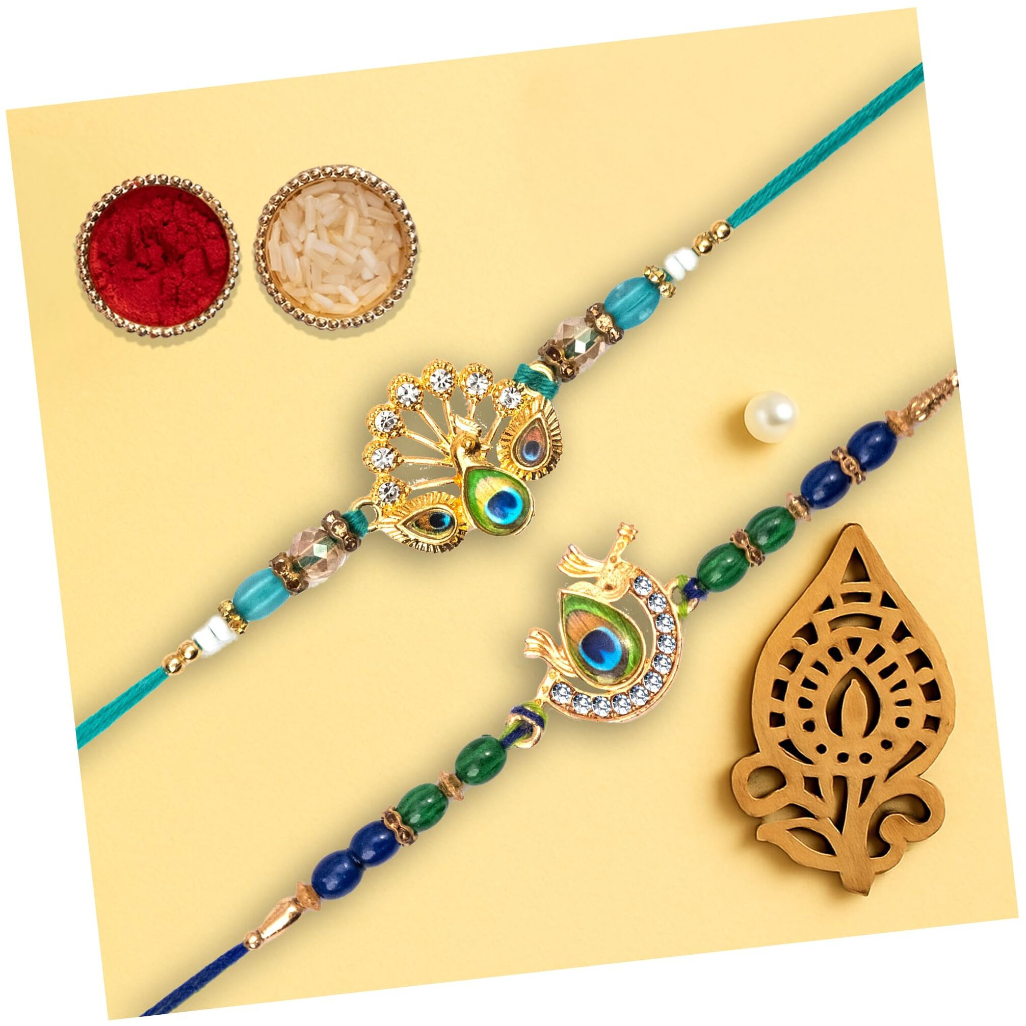 Finemoe Rakhi Set For Brother, Designer & Traditional Handmade Thread Rakhi Bracelets With Beads, Skin-Friendly Multicolor Styles, Rakhi For Brother, Bhai & Men - Raksha Bandhan Gift (2 Set Peacock Feather Duo)