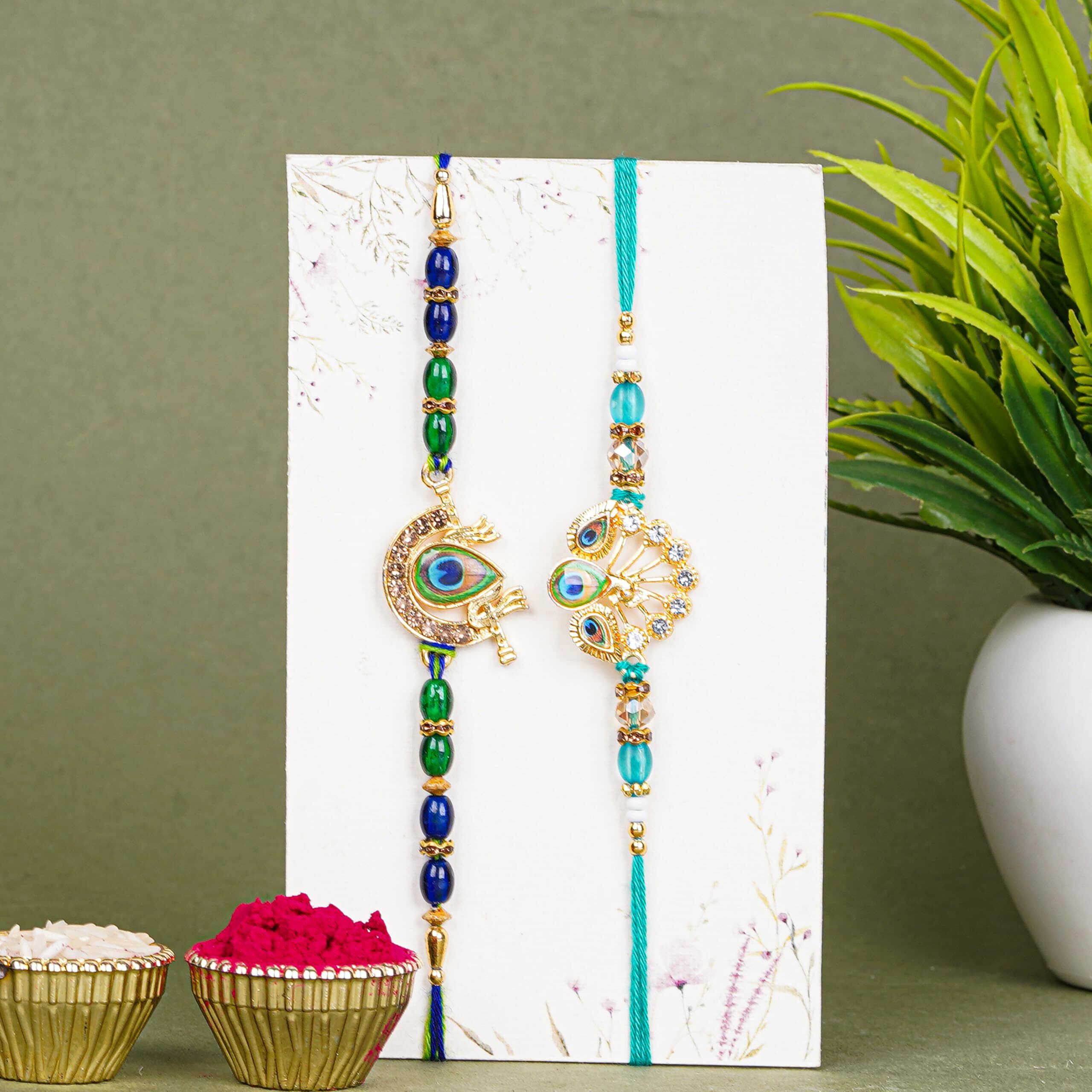 Finemoe Rakhi Set For Brother, Designer & Traditional Handmade Thread Rakhi Bracelets With Beads, Skin-Friendly Multicolor Styles, Rakhi For Brother, Bhai & Men - Raksha Bandhan Gift (2 Set Peacock Feather Duo)