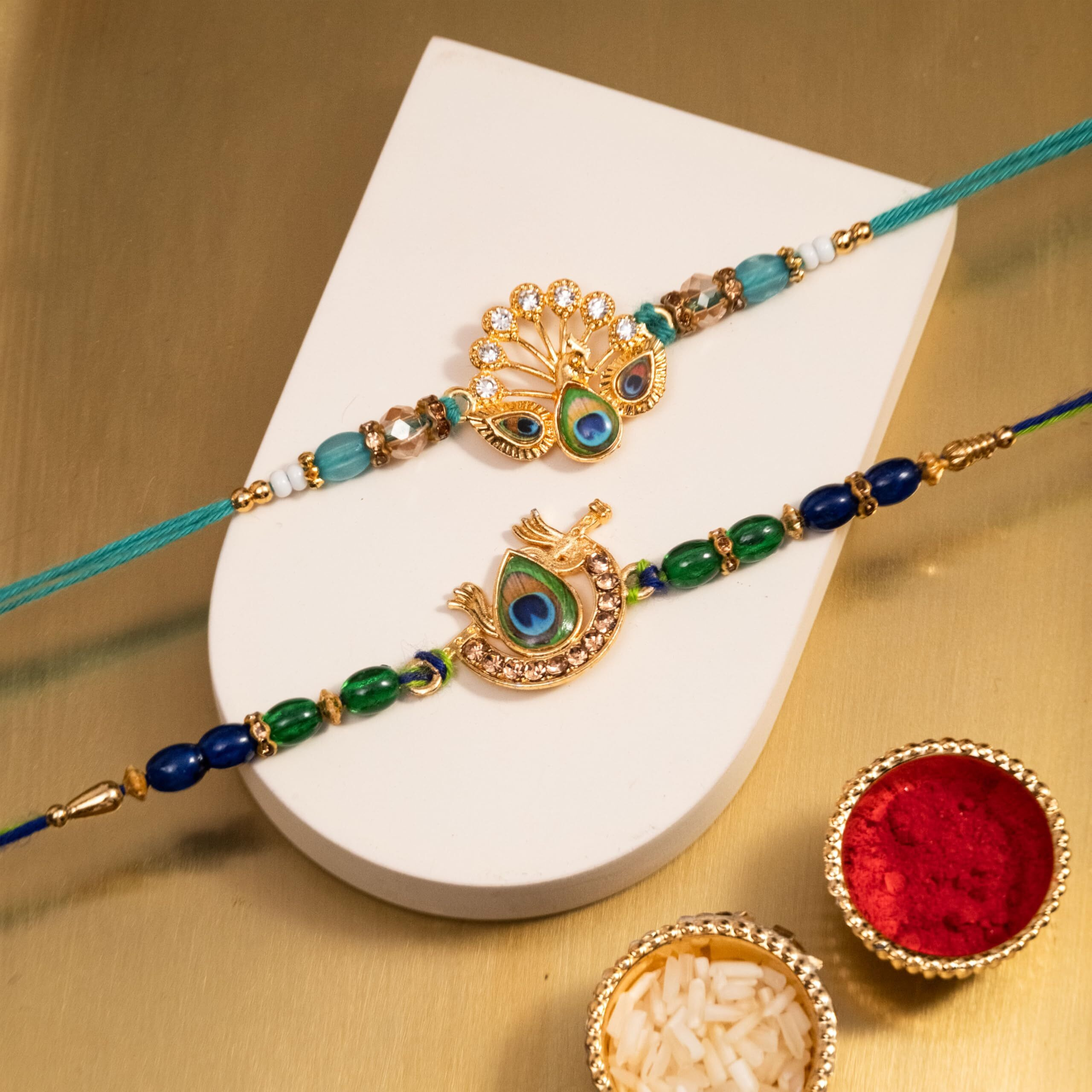 Finemoe Rakhi Set For Brother, Designer & Traditional Handmade Thread Rakhi Bracelets With Beads, Skin-Friendly Multicolor Styles, Rakhi For Brother, Bhai & Men - Raksha Bandhan Gift (2 Set Peacock Feather Duo)