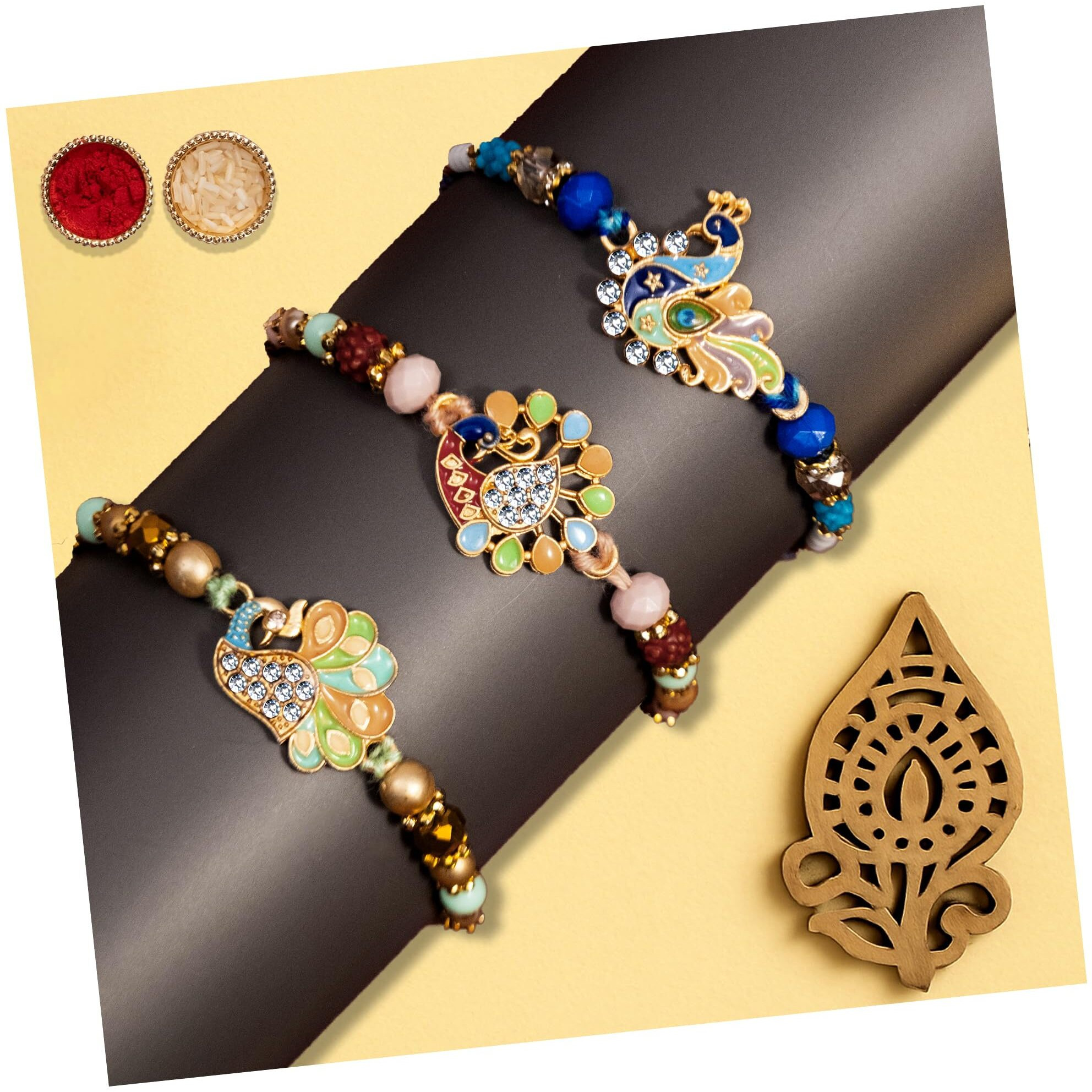Finemoe Set Of 3 Colorful Designer Rakhi For Brother With Roli Chawal Pack - Elegant Handmade Rakhis With Peacock Motif, Delicate Beads & Thread Work, Traditional Rakshabandhan Gift For Bhai, Bhaiya