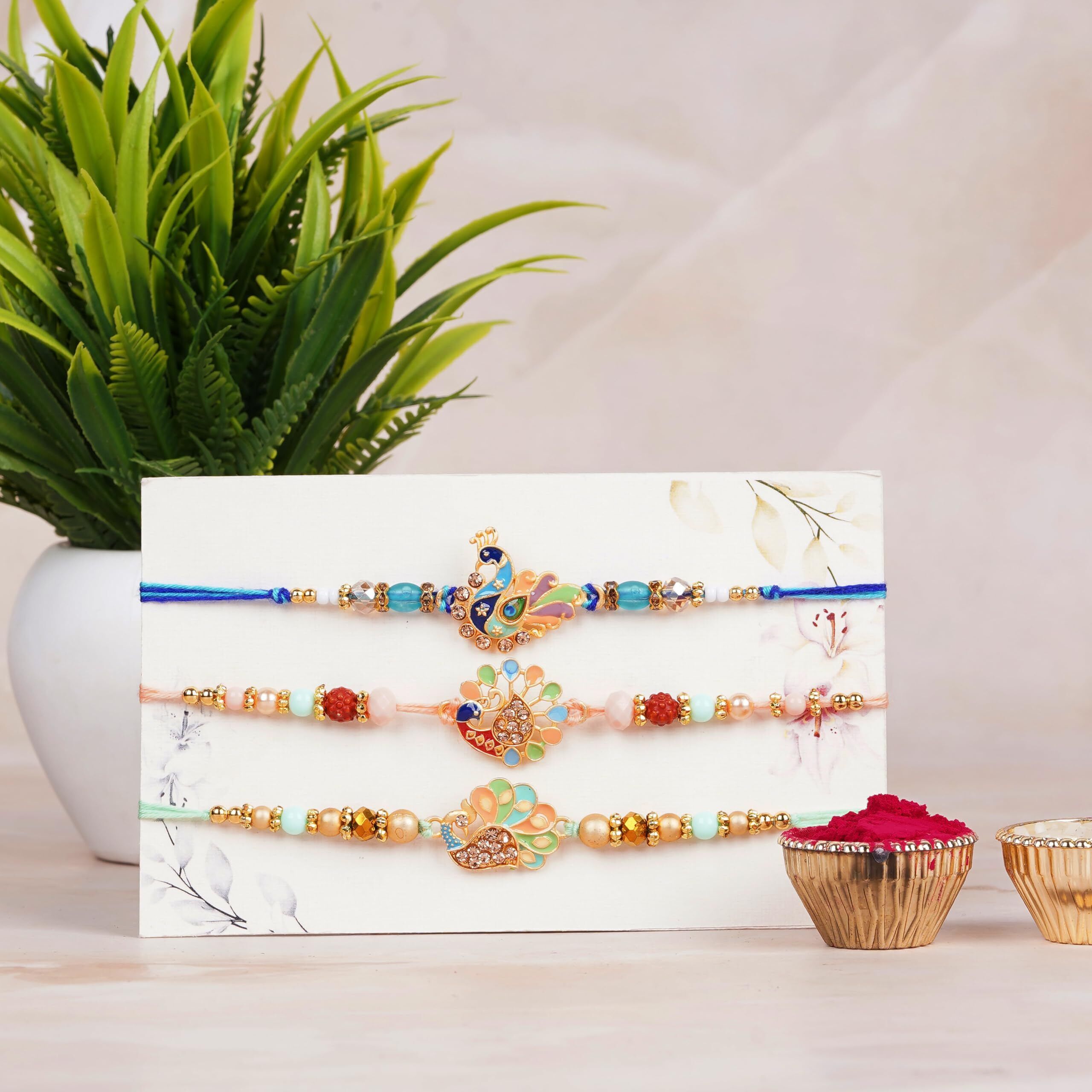 Finemoe Set Of 3 Colorful Designer Rakhi For Brother With Roli Chawal Pack - Elegant Handmade Rakhis With Peacock Motif, Delicate Beads & Thread Work, Traditional Rakshabandhan Gift For Bhai, Bhaiya