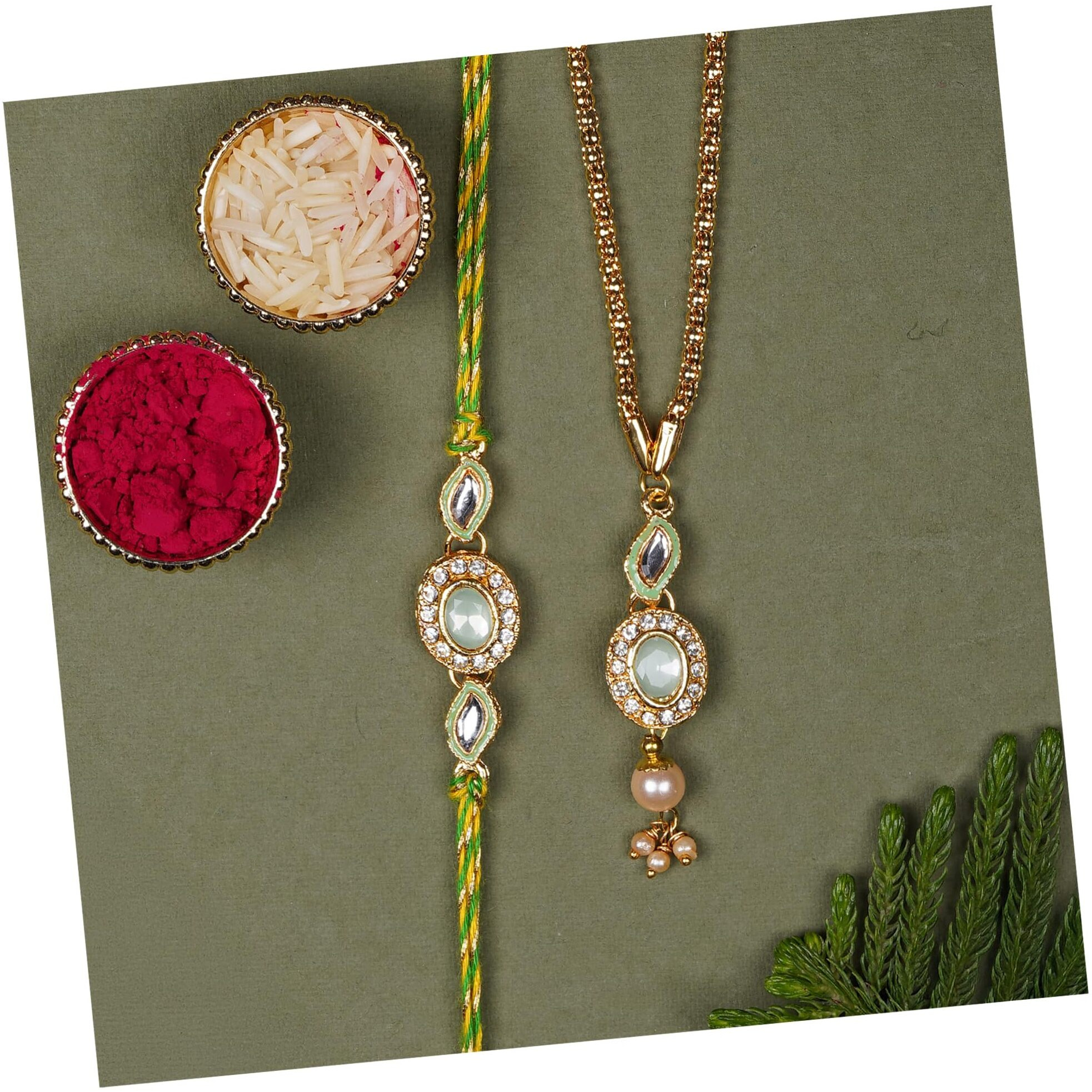 Finemoe 2 Pc Designer Rakhi Set For Brother And Bhabhi With Roli Chawal Pack, Skin-Friendly Thread Gift For Bhai With Lumba Rakhi, Bhaiya Bhabhi Rakhis Combo Gifts For Rakshabandhan Celebration