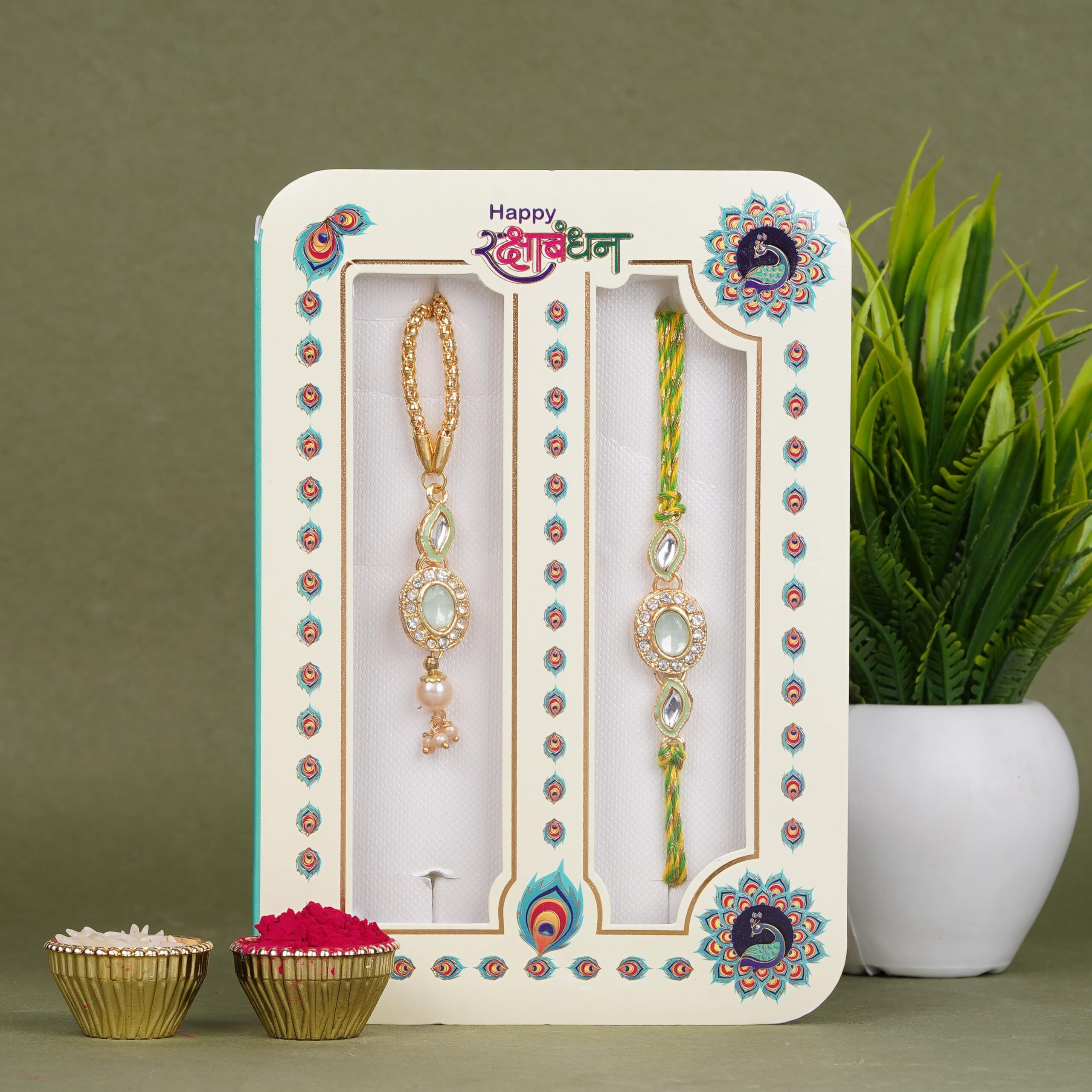 Finemoe 2 Pc Designer Rakhi Set For Brother And Bhabhi With Roli Chawal Pack, Skin-Friendly Thread Gift For Bhai With Lumba Rakhi, Bhaiya Bhabhi Rakhis Combo Gifts For Rakshabandhan Celebration