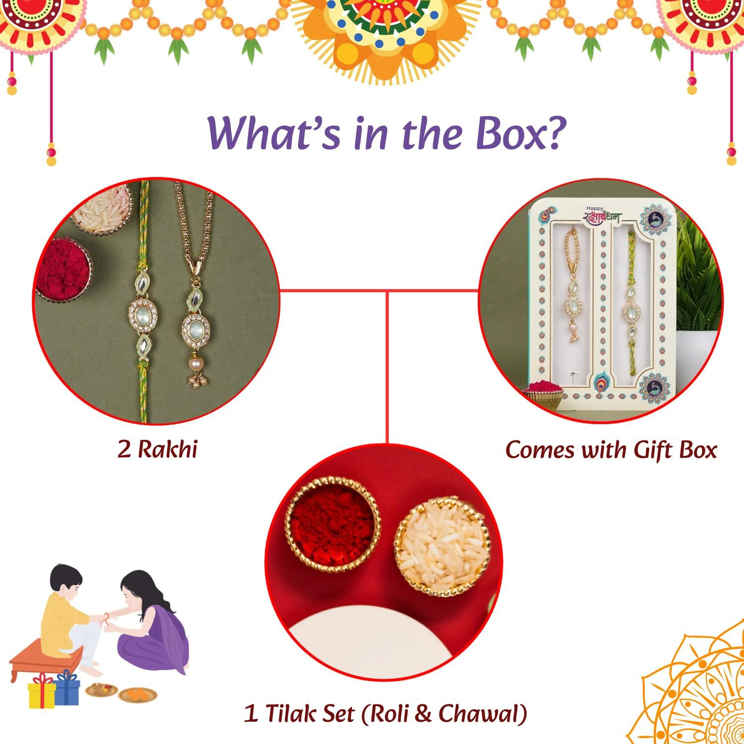 Finemoe 2 Pc Designer Rakhi Set For Brother And Bhabhi With Roli Chawal Pack, Skin-Friendly Thread Gift For Bhai With Lumba Rakhi, Bhaiya Bhabhi Rakhis Combo Gifts For Rakshabandhan Celebration