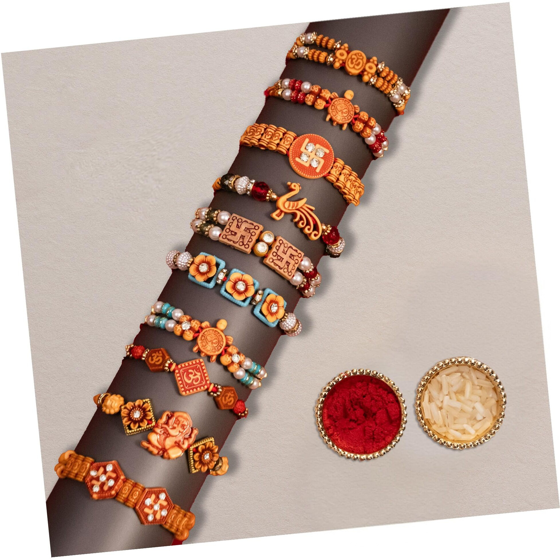 Finemoe Rakhi Set For Brother  Traditional Religious Handmade Rakhis With Red Thread & Beaded Designs, Kids, Bhaiya, Brother, Bhabhi & Bhai, Rakshabandhan Gift Combo Set Of 5 & Set Of 10 (10 Set Traditional Rakhi)