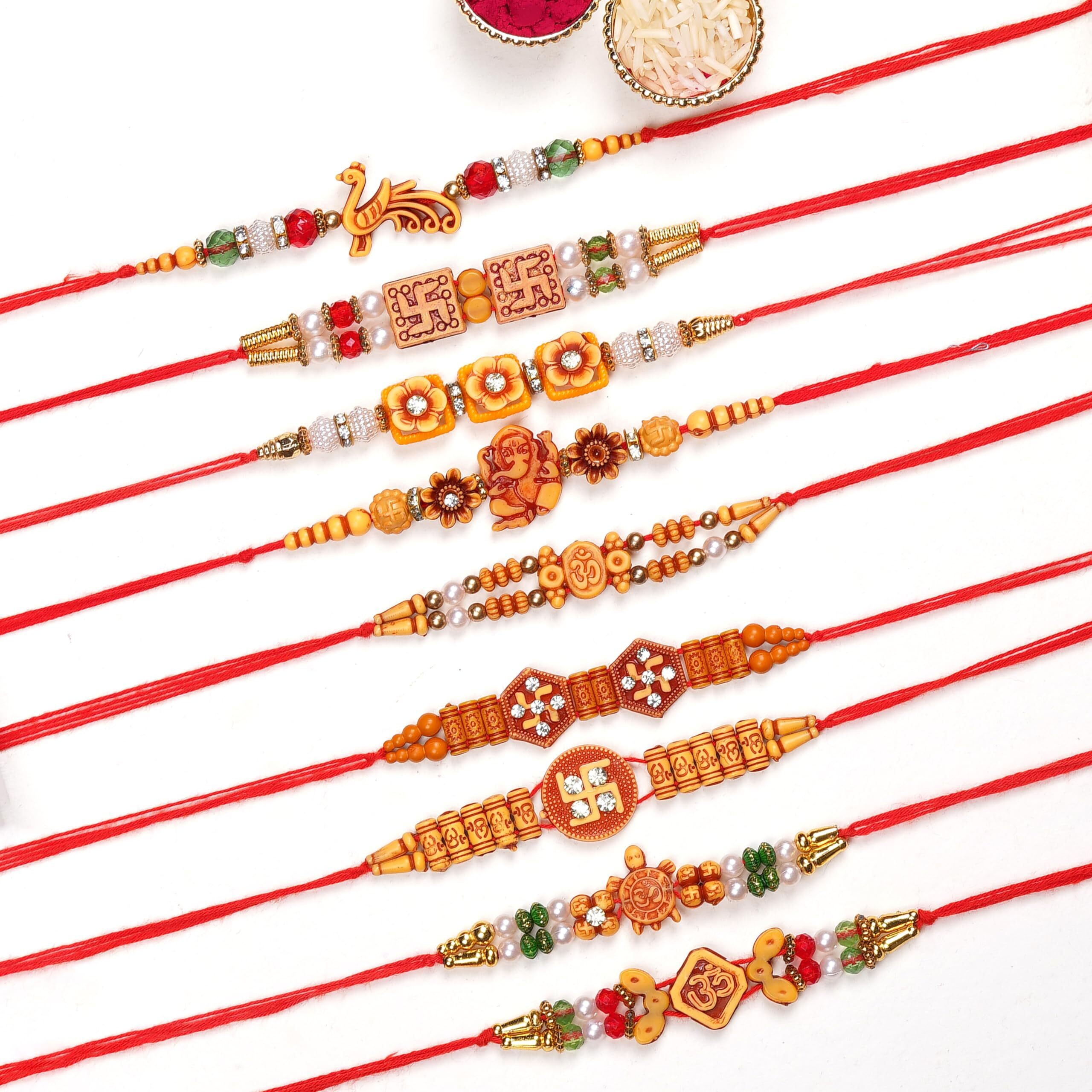 Finemoe Rakhi Set For Brother  Traditional Religious Handmade Rakhis With Red Thread & Beaded Designs, Kids, Bhaiya, Brother, Bhabhi & Bhai, Rakshabandhan Gift Combo Set Of 5 & Set Of 10 (10 Set Traditional Rakhi)