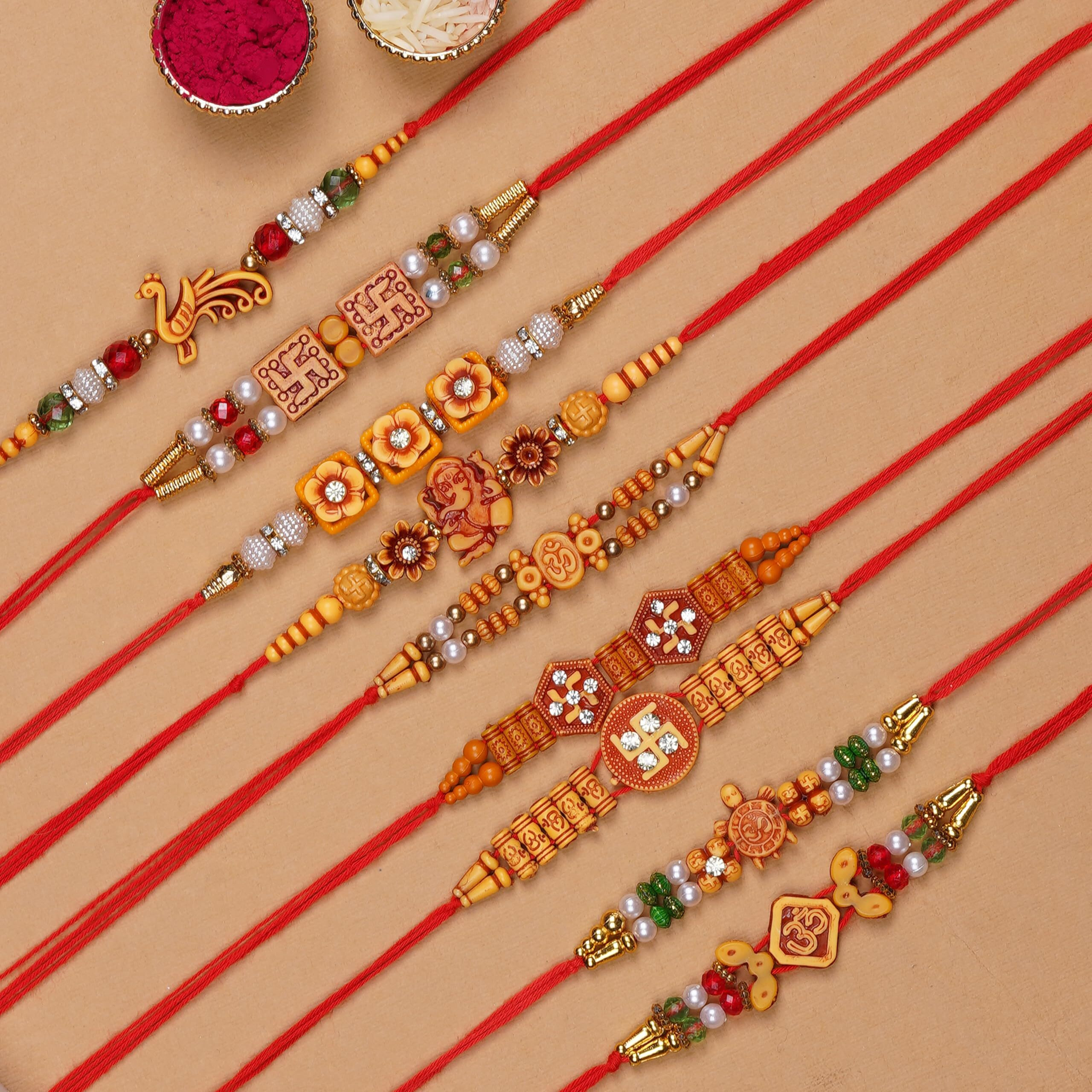 Finemoe Rakhi Set For Brother  Traditional Religious Handmade Rakhis With Red Thread & Beaded Designs, Kids, Bhaiya, Brother, Bhabhi & Bhai, Rakshabandhan Gift Combo Set Of 5 & Set Of 10 (10 Set Traditional Rakhi)
