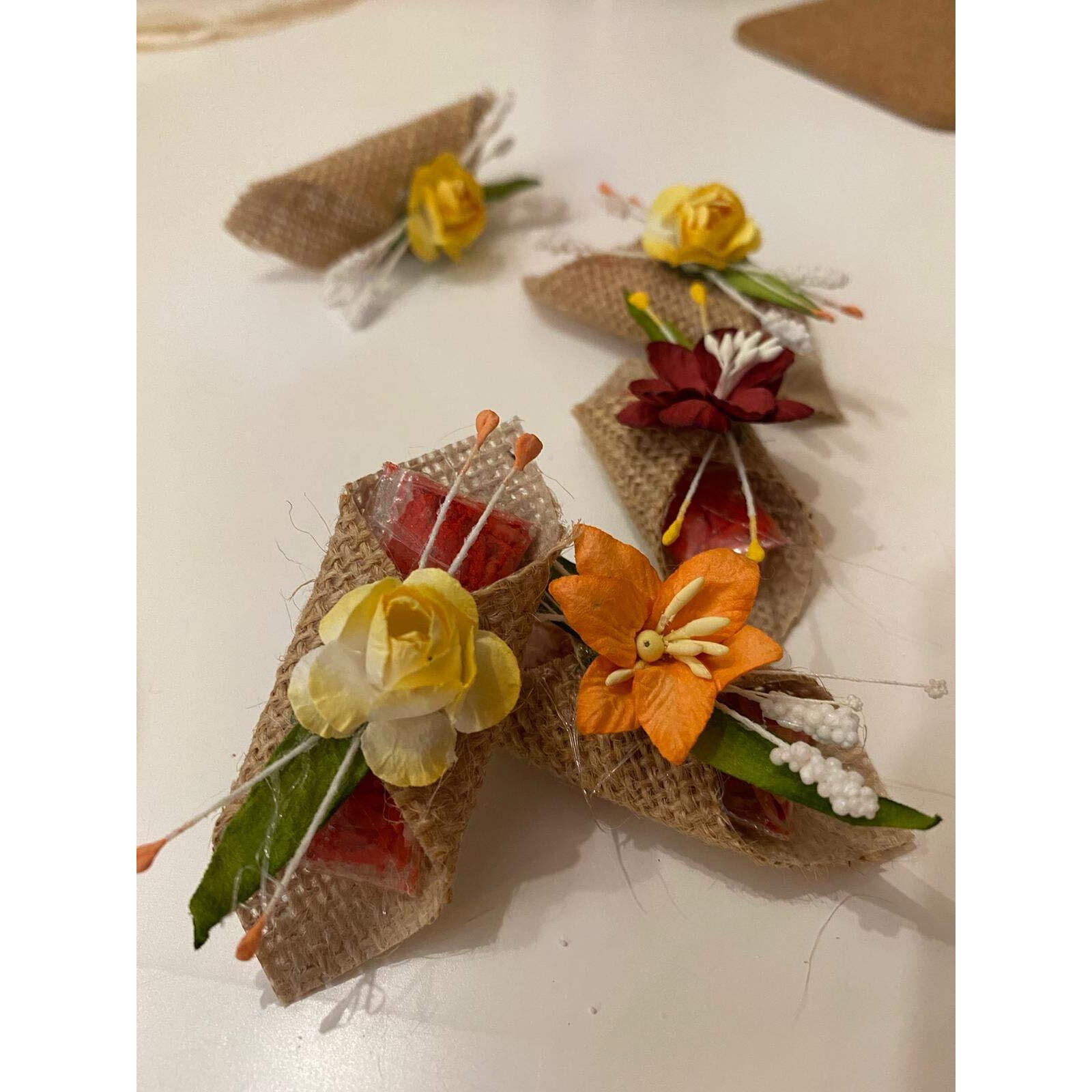 Labzio Roli Chawal For Tikka  Handmade Jute Potli | Decorated With Beautiful Flower | Perfect For Rakhabandhan, Bhai Dooj And Other Occasion/Festivals | Pack Of 5