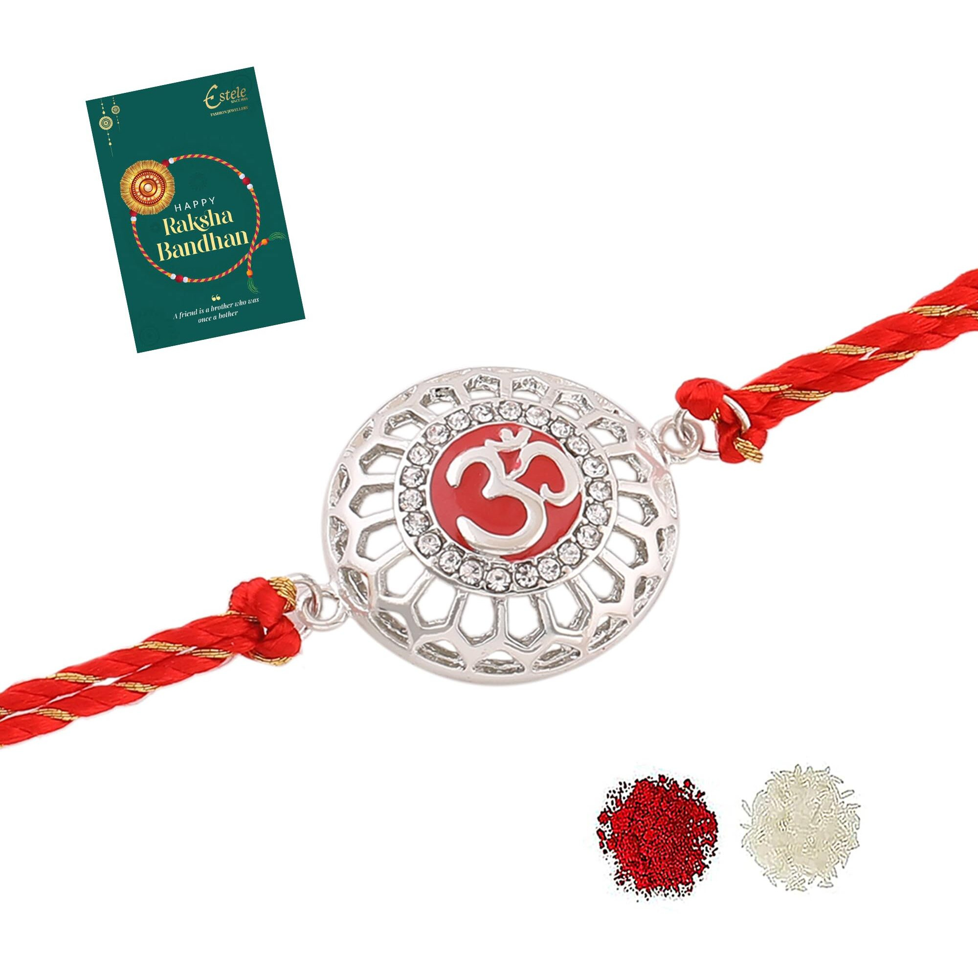 Estele Rhodium Plated Red Enamel Om Bracelet With Fancy Silk Thread For Men