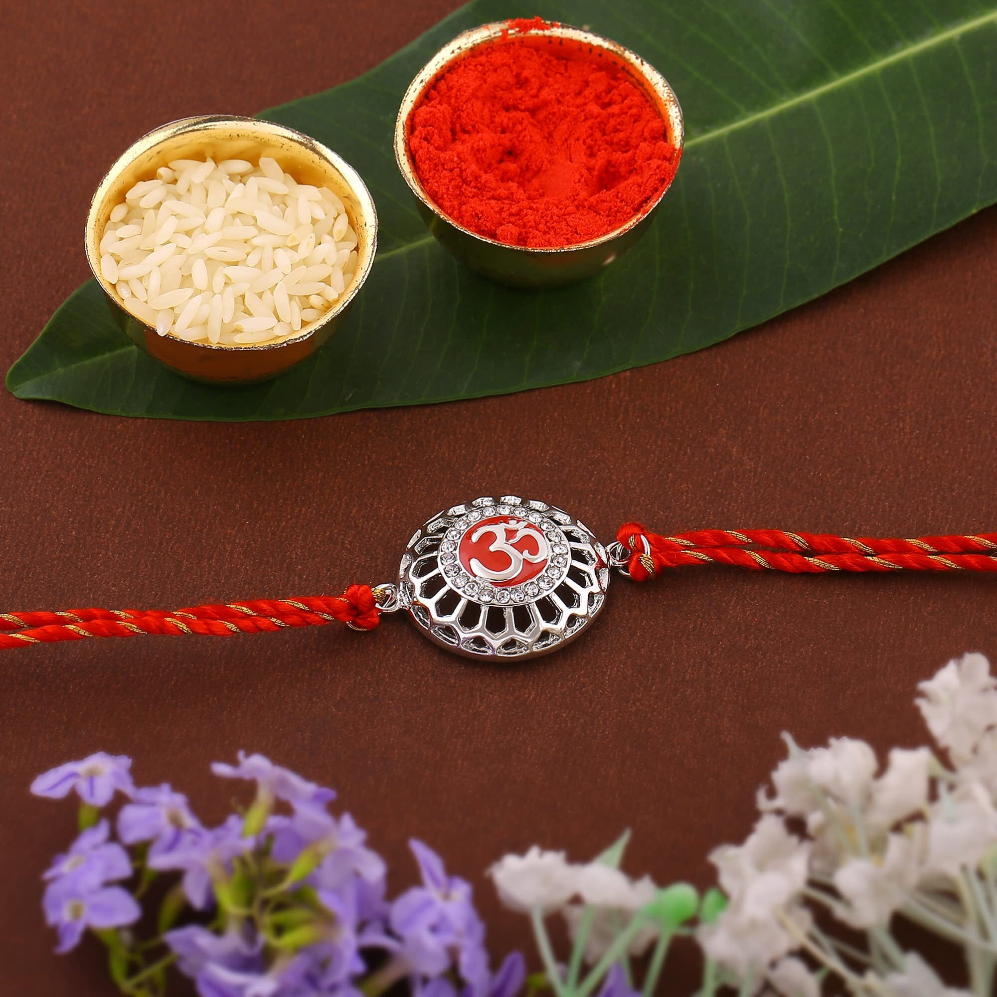 Estele Rhodium Plated Red Enamel Om Bracelet With Fancy Silk Thread For Men