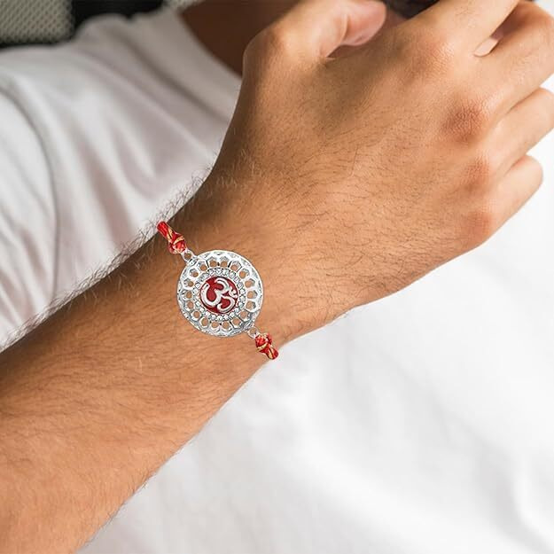 Estele Rhodium Plated Red Enamel Om Bracelet With Fancy Silk Thread For Men