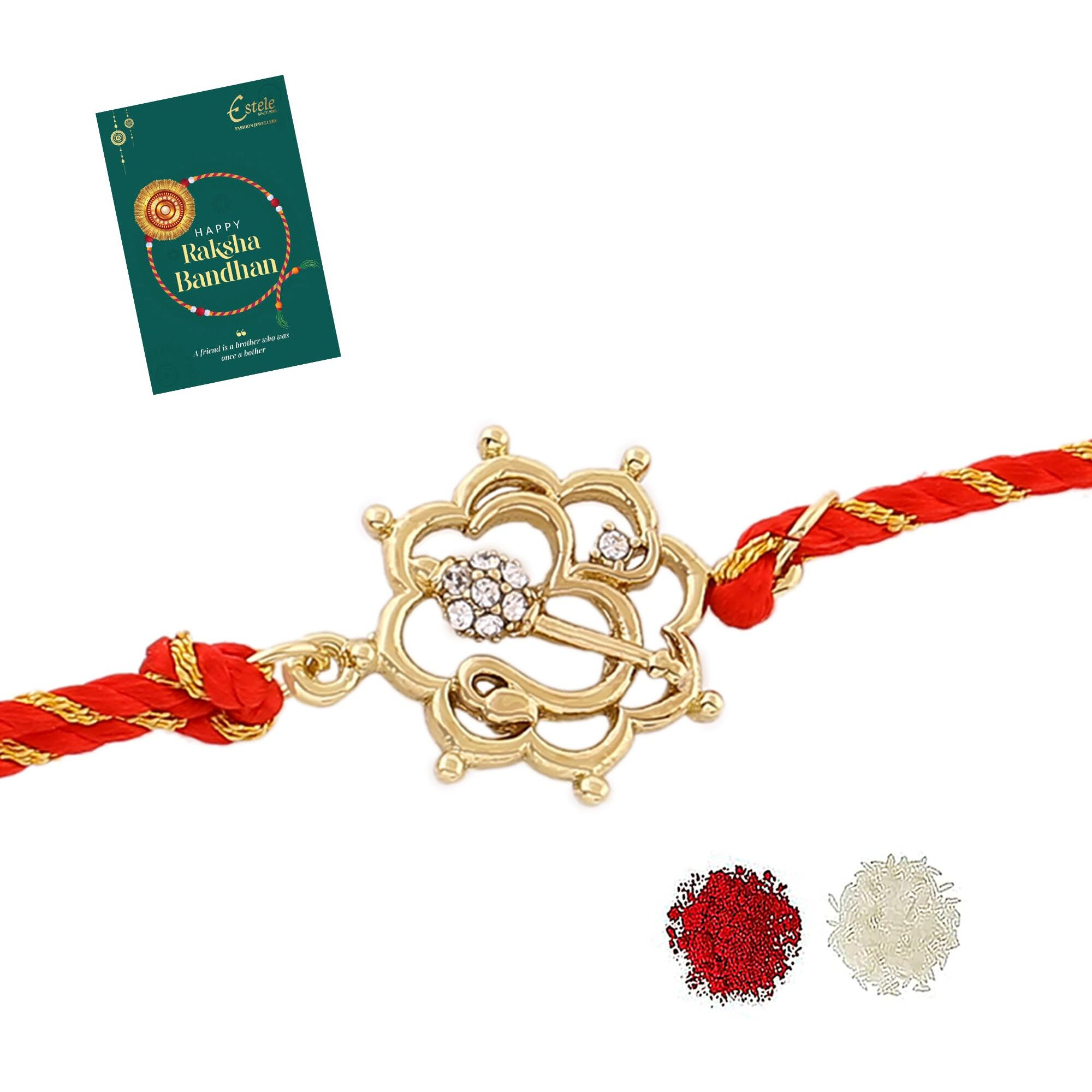 Estele Gold Plated Floral Om Bracelet With Austrian Crystals And Divine Red Silk Thread For Men