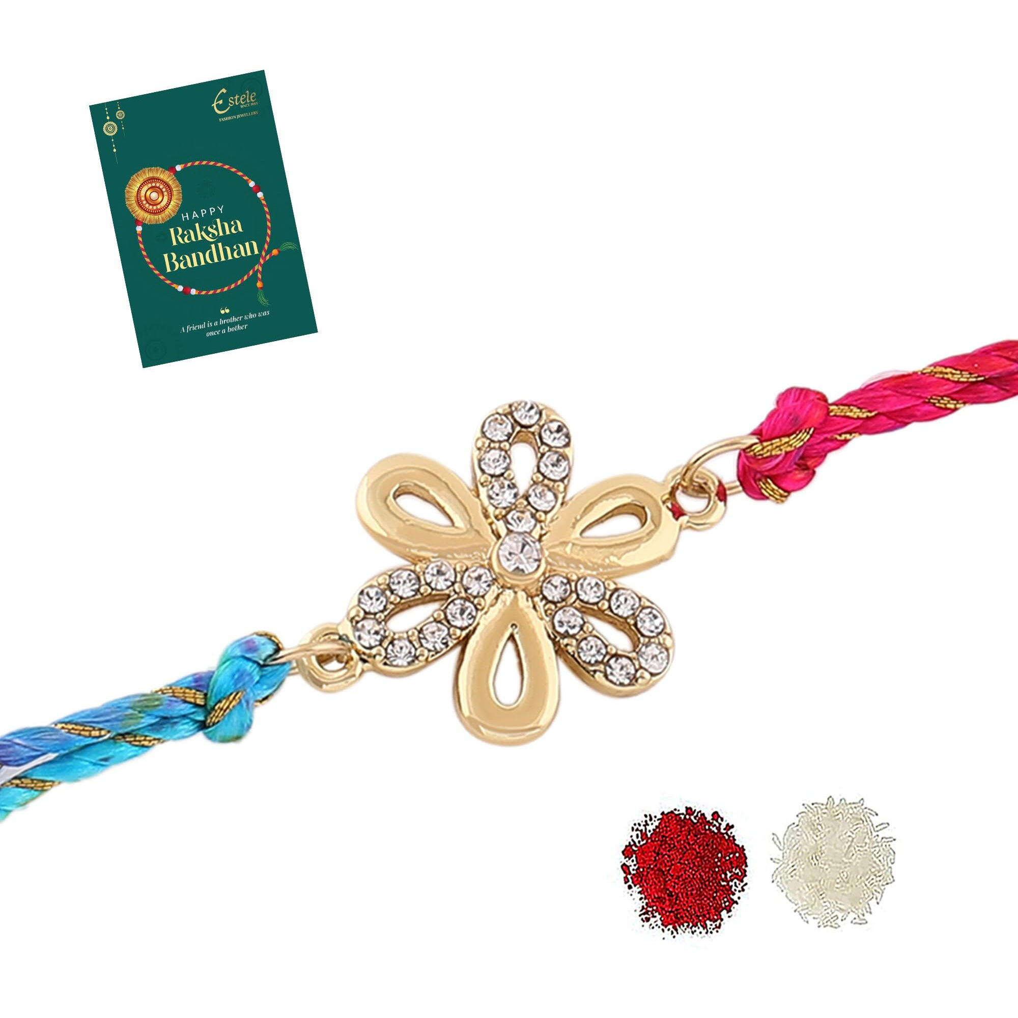 Estele Men's Gold Plated Designer Flower Bracelet With Austrian Crystals And Multi Colored Silk Thread.