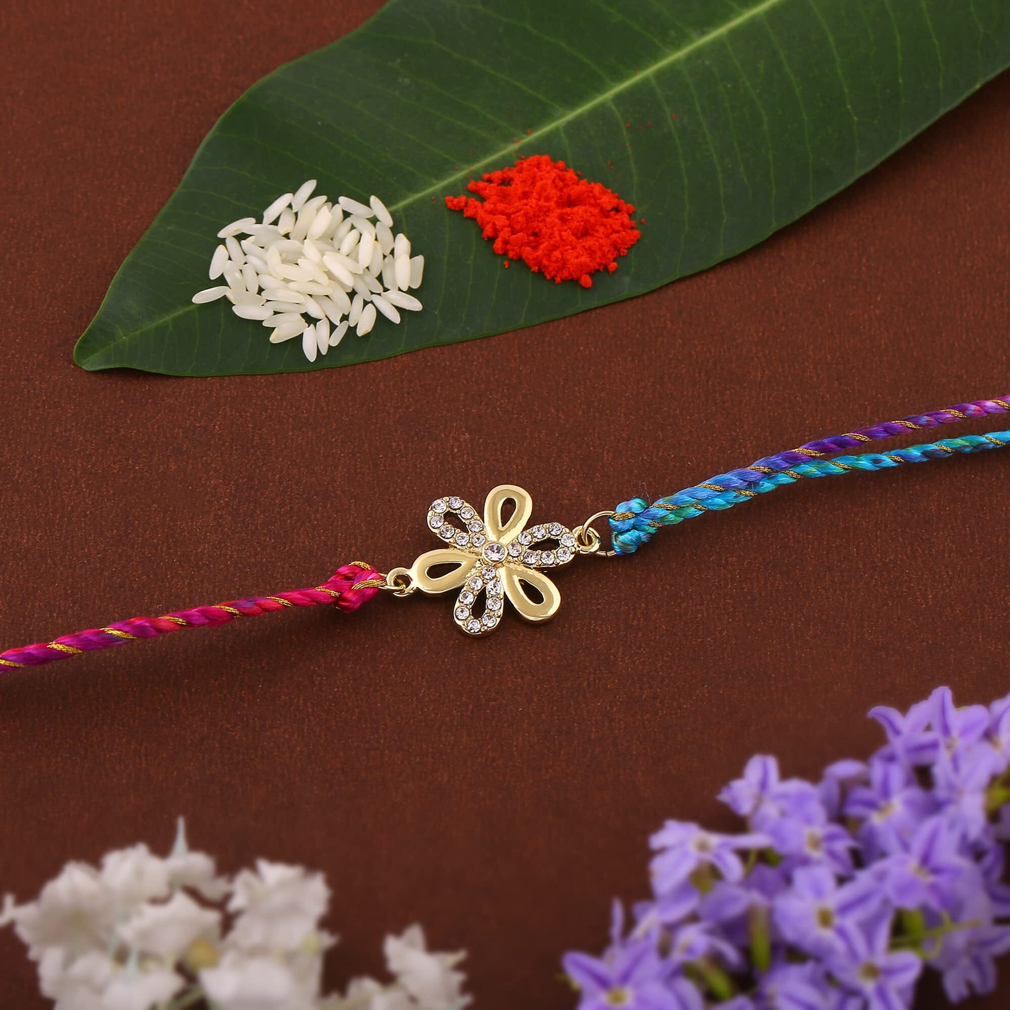 Estele Men's Gold Plated Designer Flower Bracelet With Austrian Crystals And Multi Colored Silk Thread.