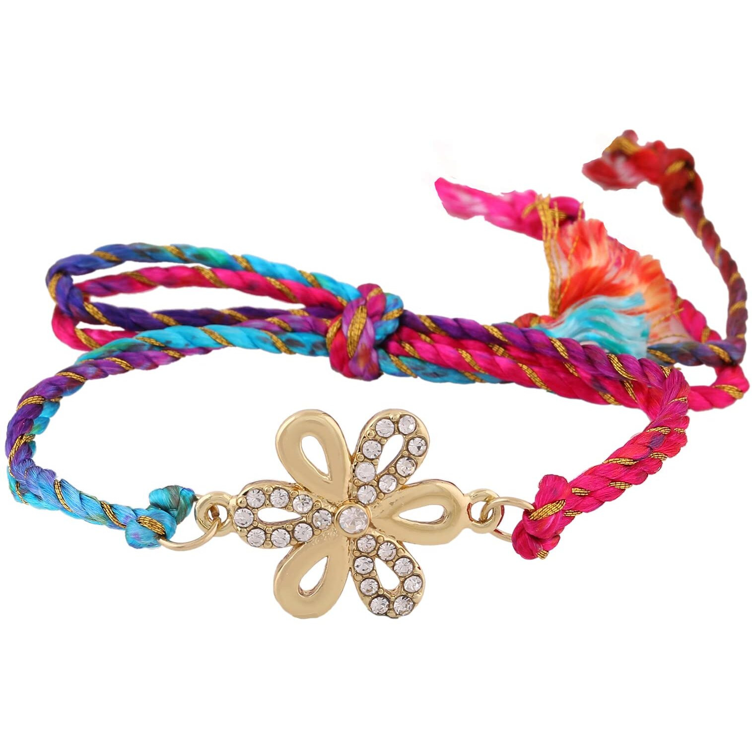 Estele Men's Gold Plated Designer Flower Bracelet With Austrian Crystals And Multi Colored Silk Thread.