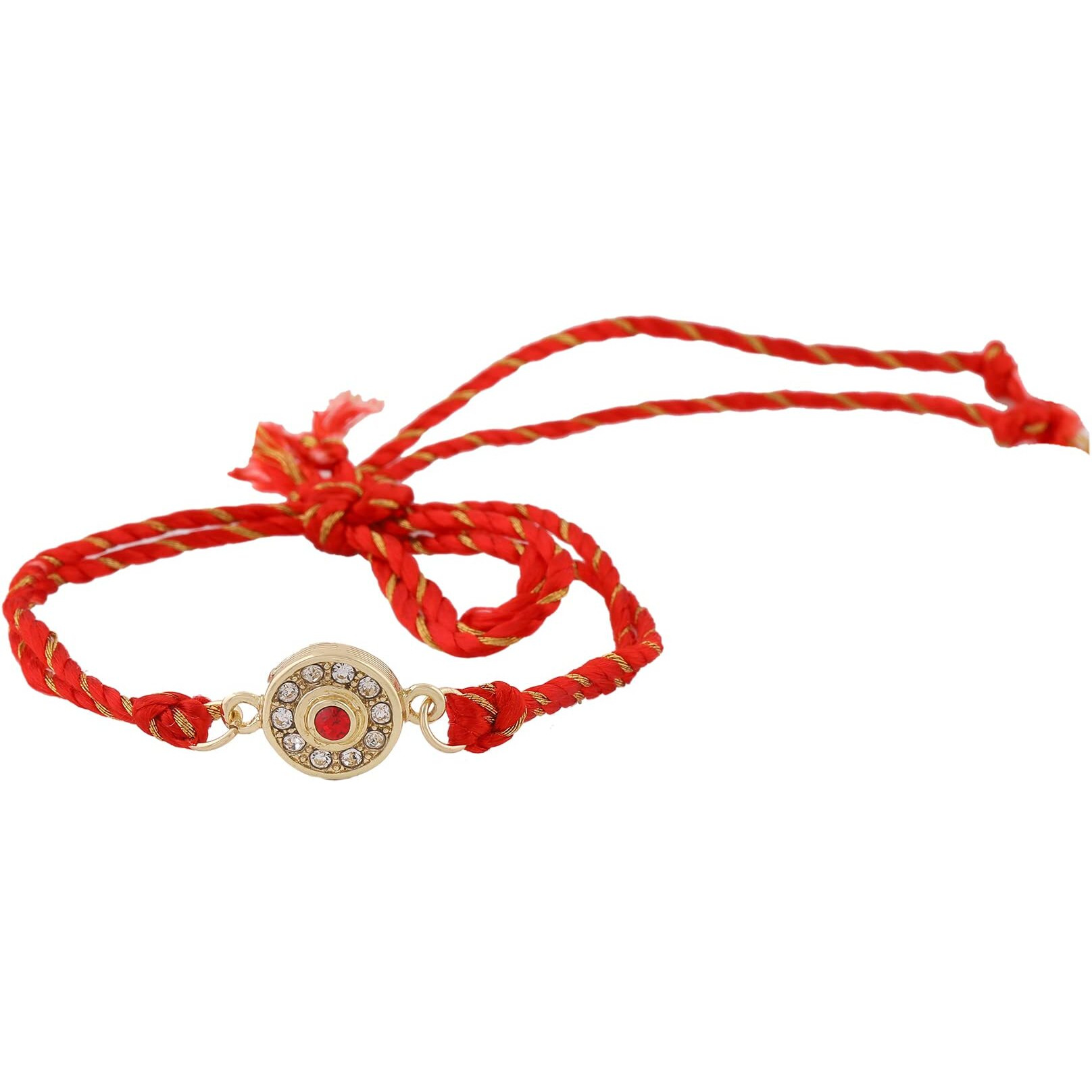 Estele Men's Gold Plated Sacred Circle Bracelet With Red & White Austrian Crystals And Divine Red Silk Thread