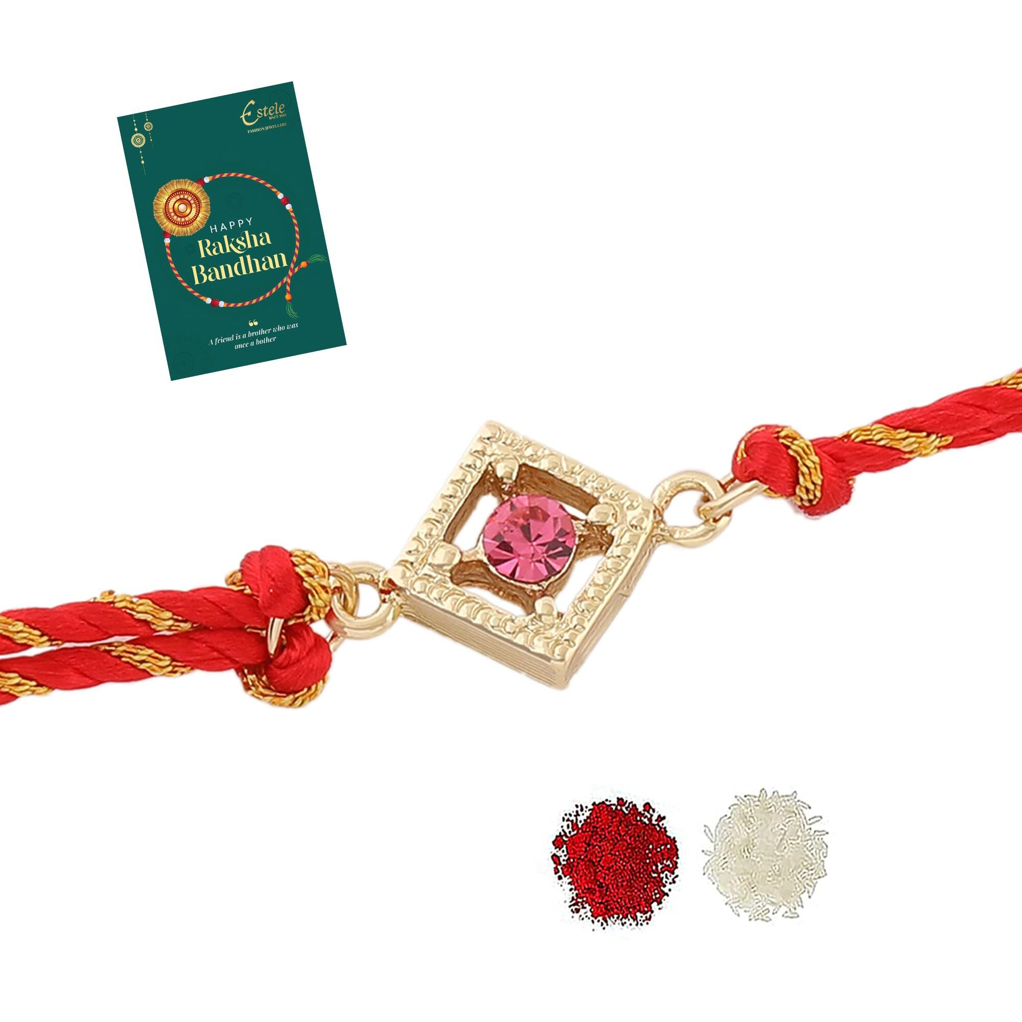 Estele Men's Gold Plated Divine Directions Bracelet With Pink Austrian Crystal And Fancy Silk Thread