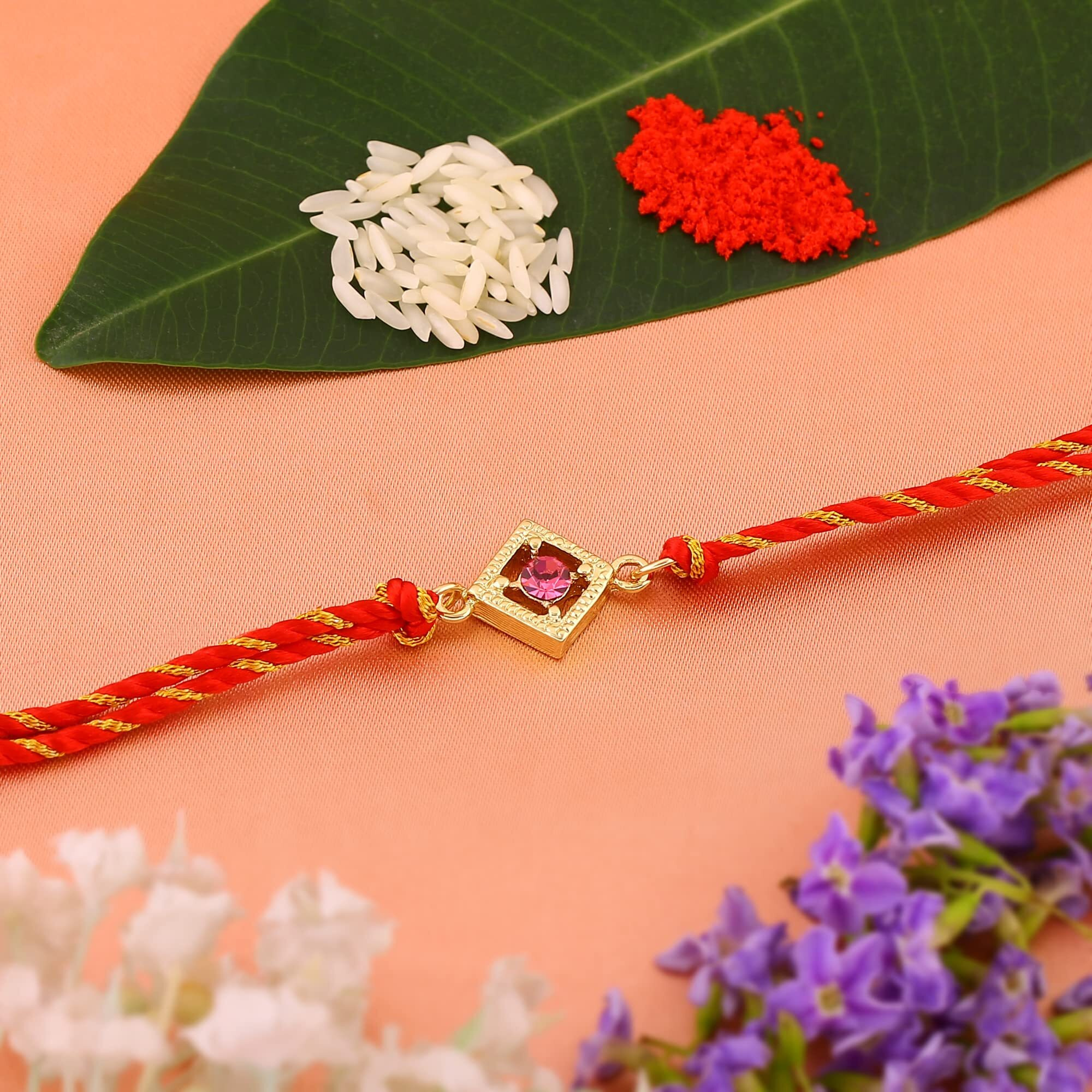 Estele Men's Gold Plated Divine Directions Bracelet With Pink Austrian Crystal And Fancy Silk Thread