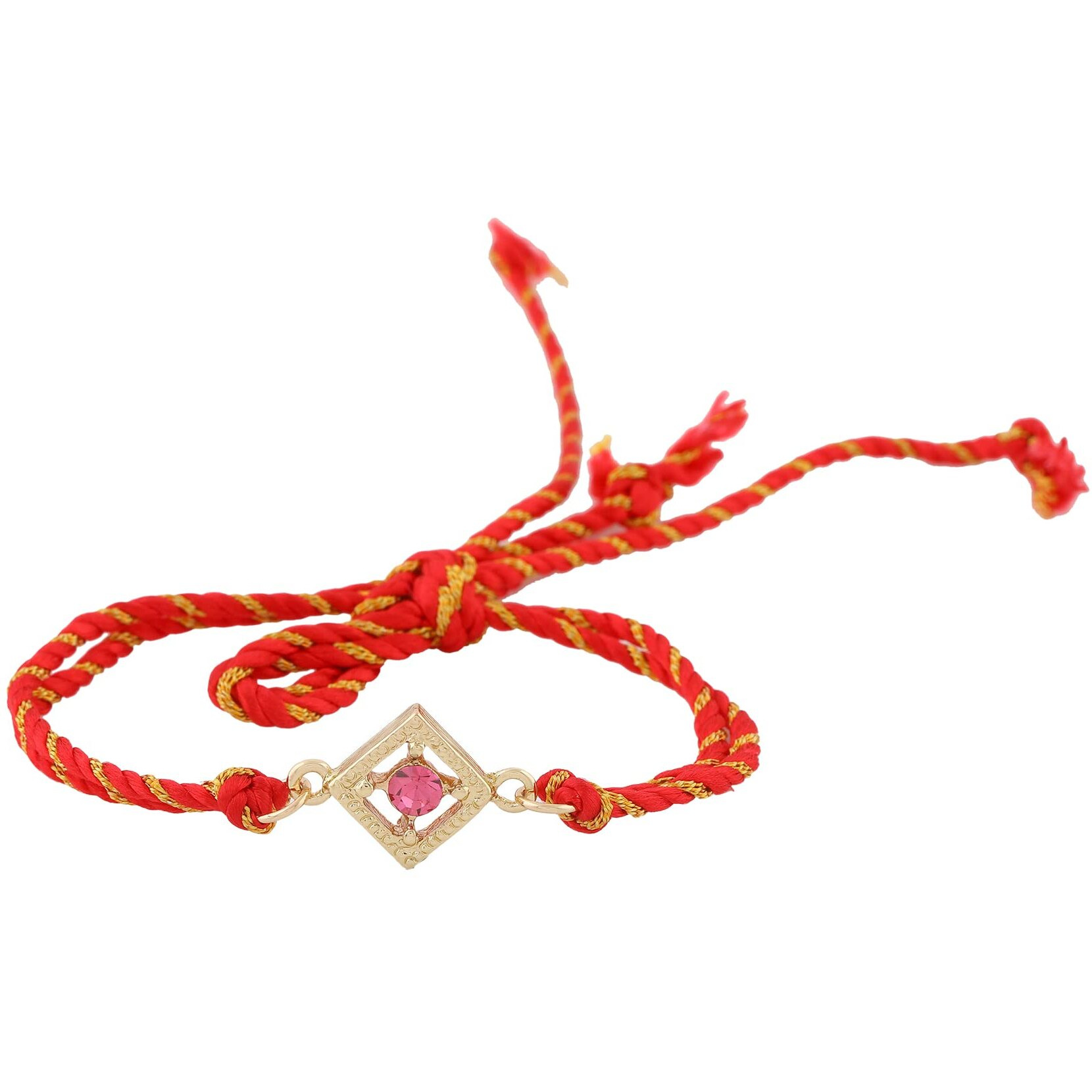 Estele Men's Gold Plated Divine Directions Bracelet With Pink Austrian Crystal And Fancy Silk Thread