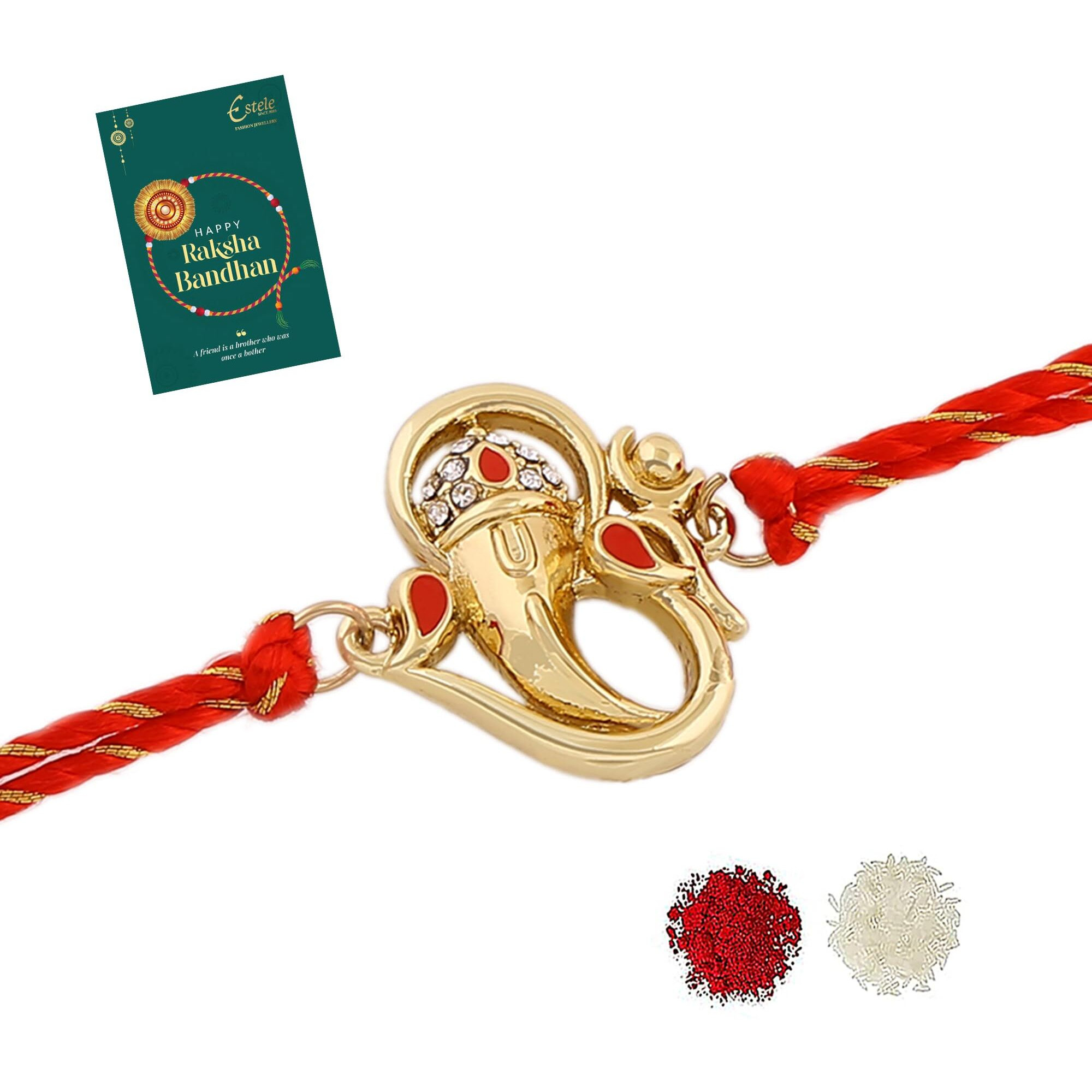 Estele Gold Plated Om Ganesh Bracelet With Austrian Crystals, Enamel And Divine Red Silk Thread For Men