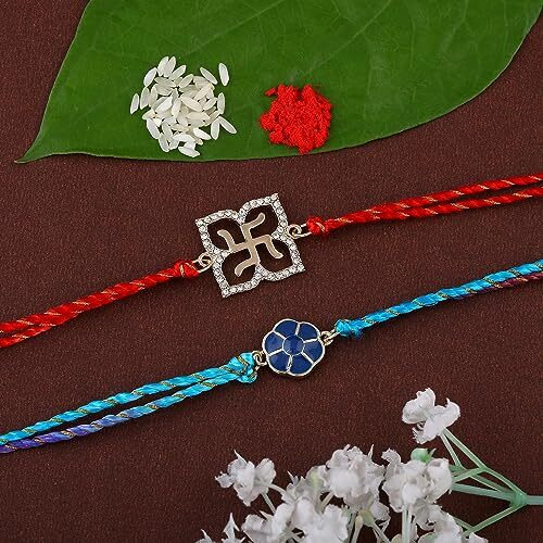 Estele Men's Gold Plated Blistering & Holy Swastika Bracelet With Austrian Crystals And Fancy Silk Thread (Combo Of 2)