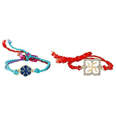 Estele Men's Gold Plated Blistering & Holy Swastika Bracelet With Austrian Crystals And Fancy Silk Thread (Combo Of 2)
