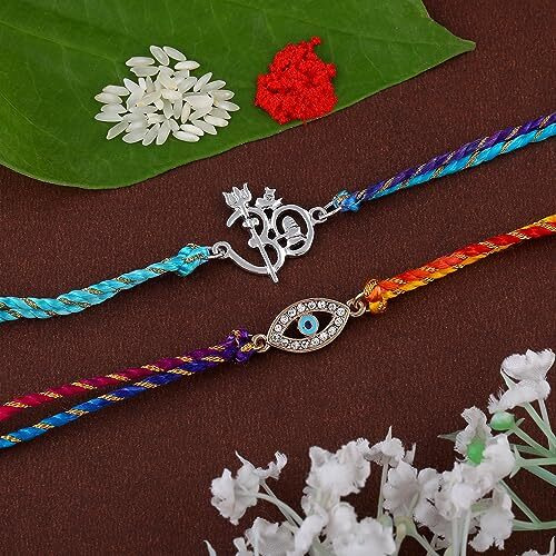 Estele Men's Gold & Rhodium Plated Auspicious Evil Eye, Shivay Om Bracelet With Austrian Crystals And Fancy Silk Thread (Combo Of 2)