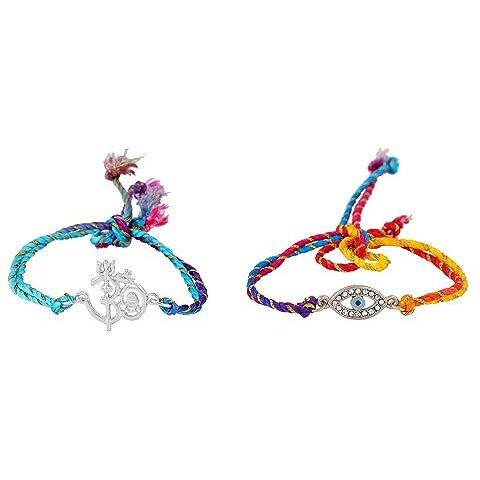 Estele Men's Gold & Rhodium Plated Auspicious Evil Eye, Shivay Om Bracelet With Austrian Crystals And Fancy Silk Thread (Combo Of 2)