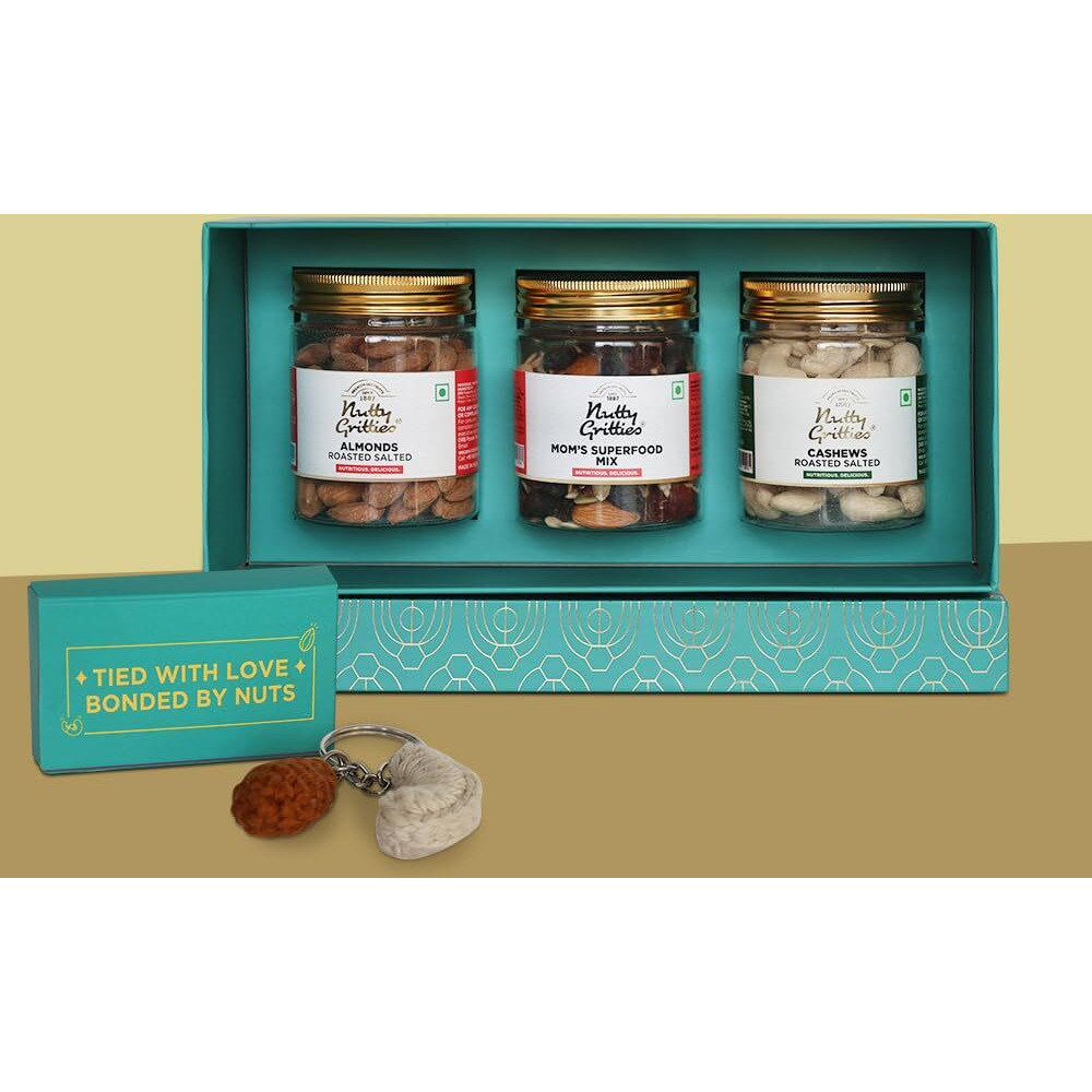 Nutty Gritties Rakhi Special Handcrafted Gift Box - 320G | Premium Roasted Salted Almonds  100G | Premium Roasted Salted Cashew Nuts  100G | Moms Superfood Mix  120G | Crochet Key Chain (Almonds And Cashew) | Rakhi Gift For Brothers And Siste