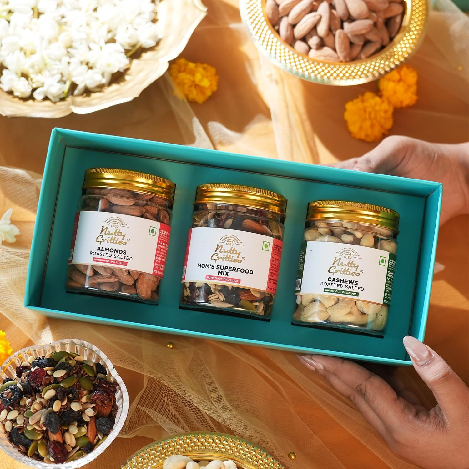 Nutty Gritties Rakhi Special Handcrafted Gift Box - 320G | Premium Roasted Salted Almonds  100G | Premium Roasted Salted Cashew Nuts  100G | Moms Superfood Mix  120G | Crochet Key Chain (Almonds And Cashew) | Rakhi Gift For Brothers And Siste