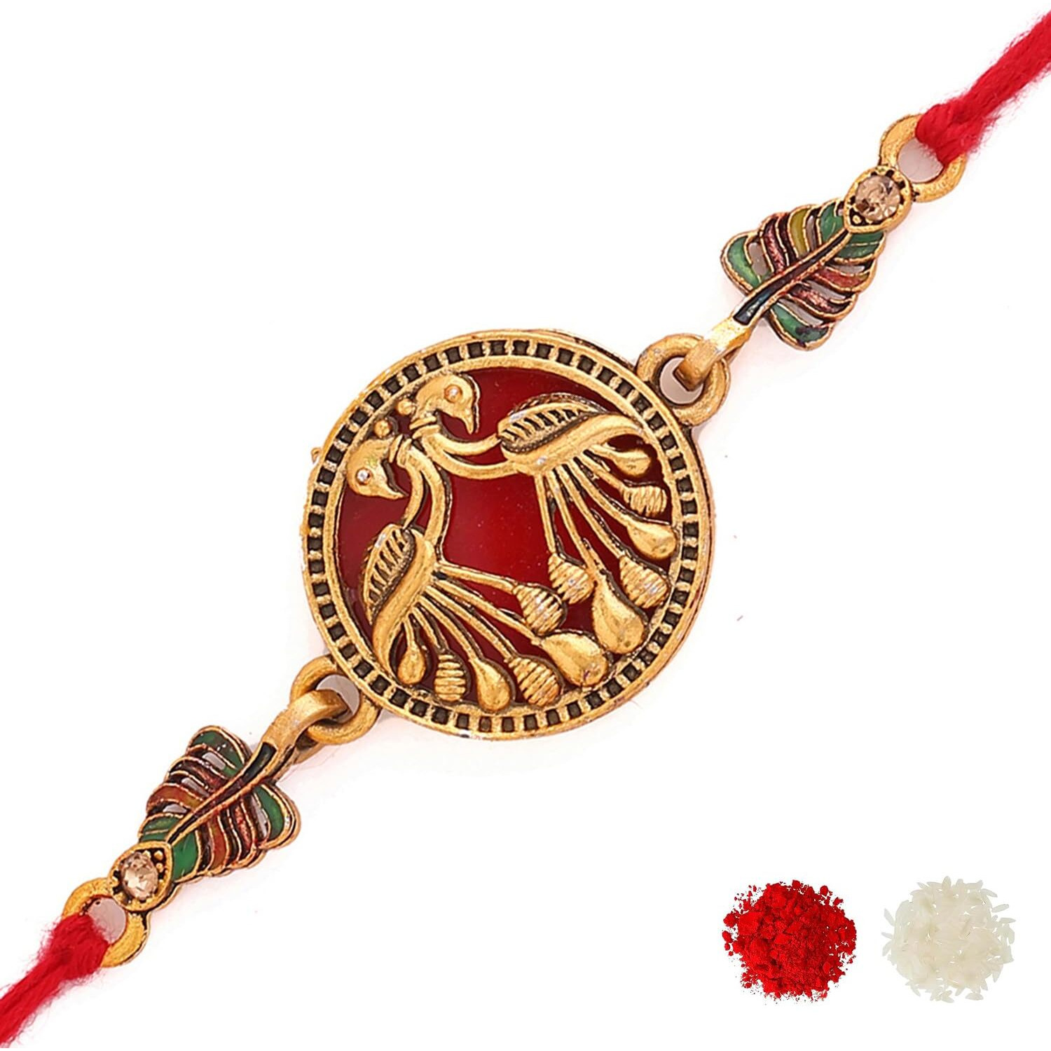 Voylla Designer Gold Toned Peacock Rakhi With Roli Chaawal Pack