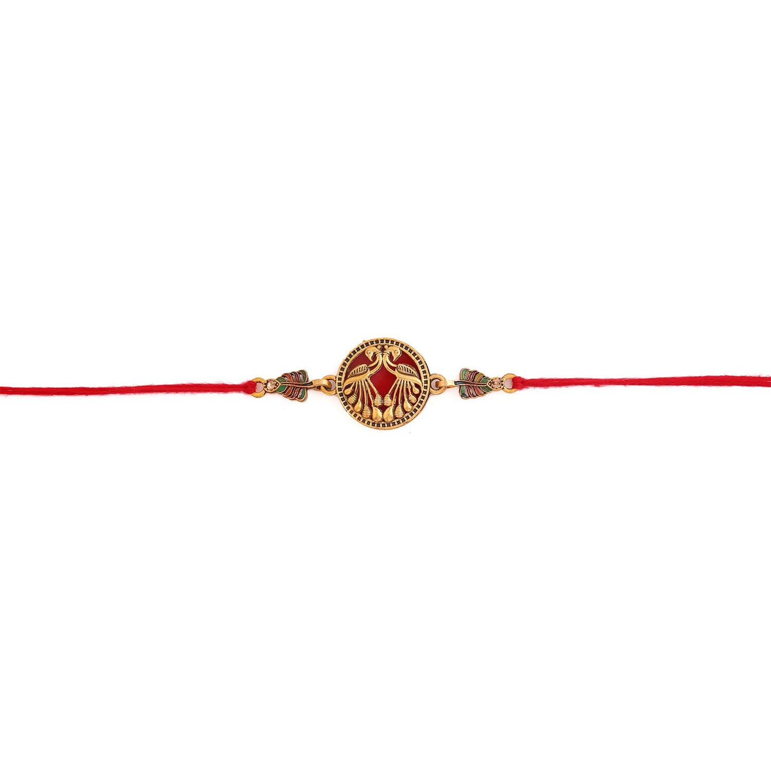 Voylla Designer Gold Toned Peacock Rakhi With Roli Chaawal Pack