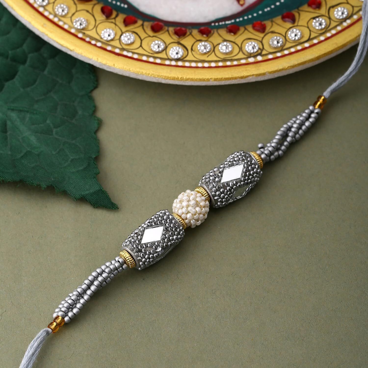 Voylla Silver Beaded And Pearls Rakhi With Roli Chaawal Pack
