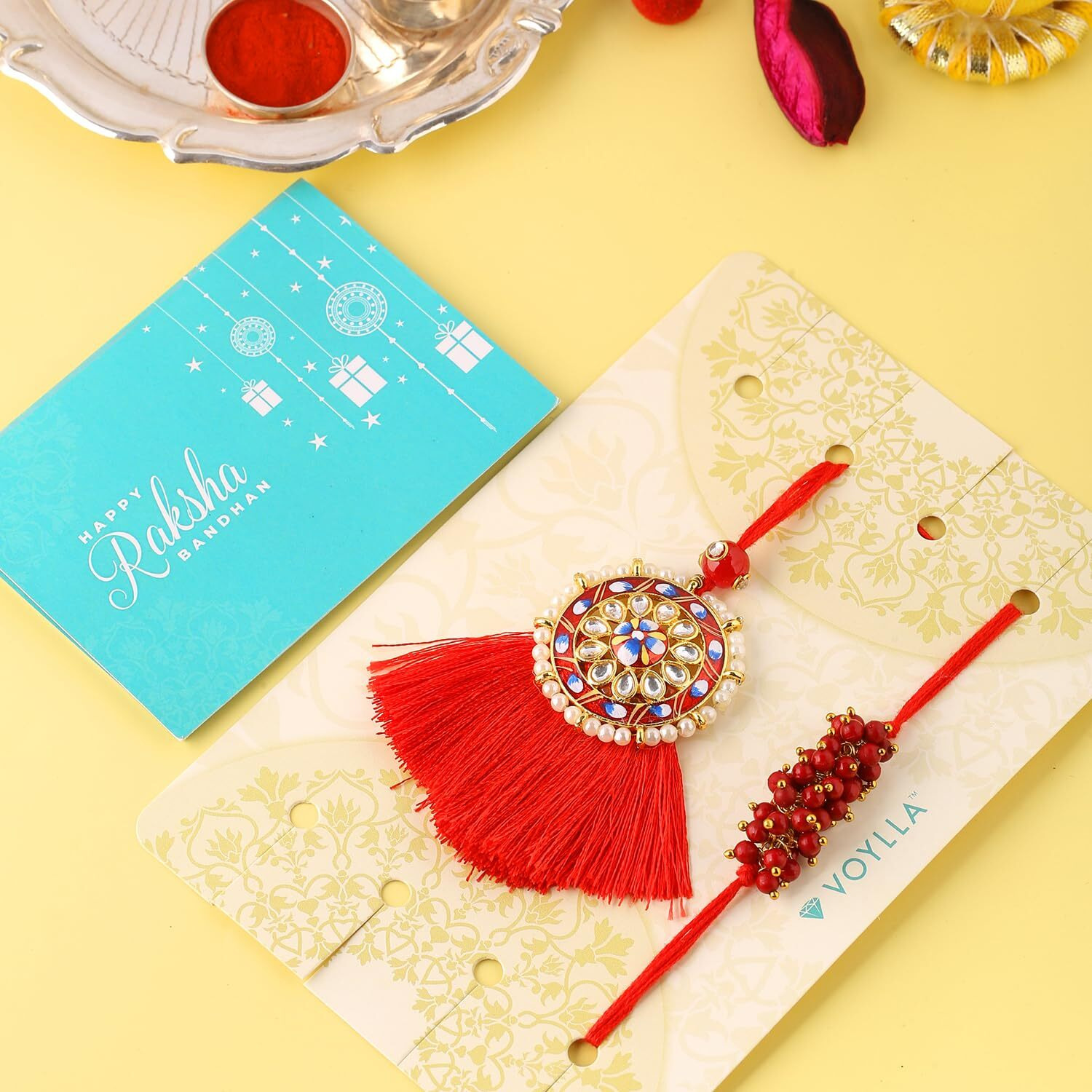 Voylla Designer Bhaiya Bhabhi Rakhi Set With Roli Chaawal Pack