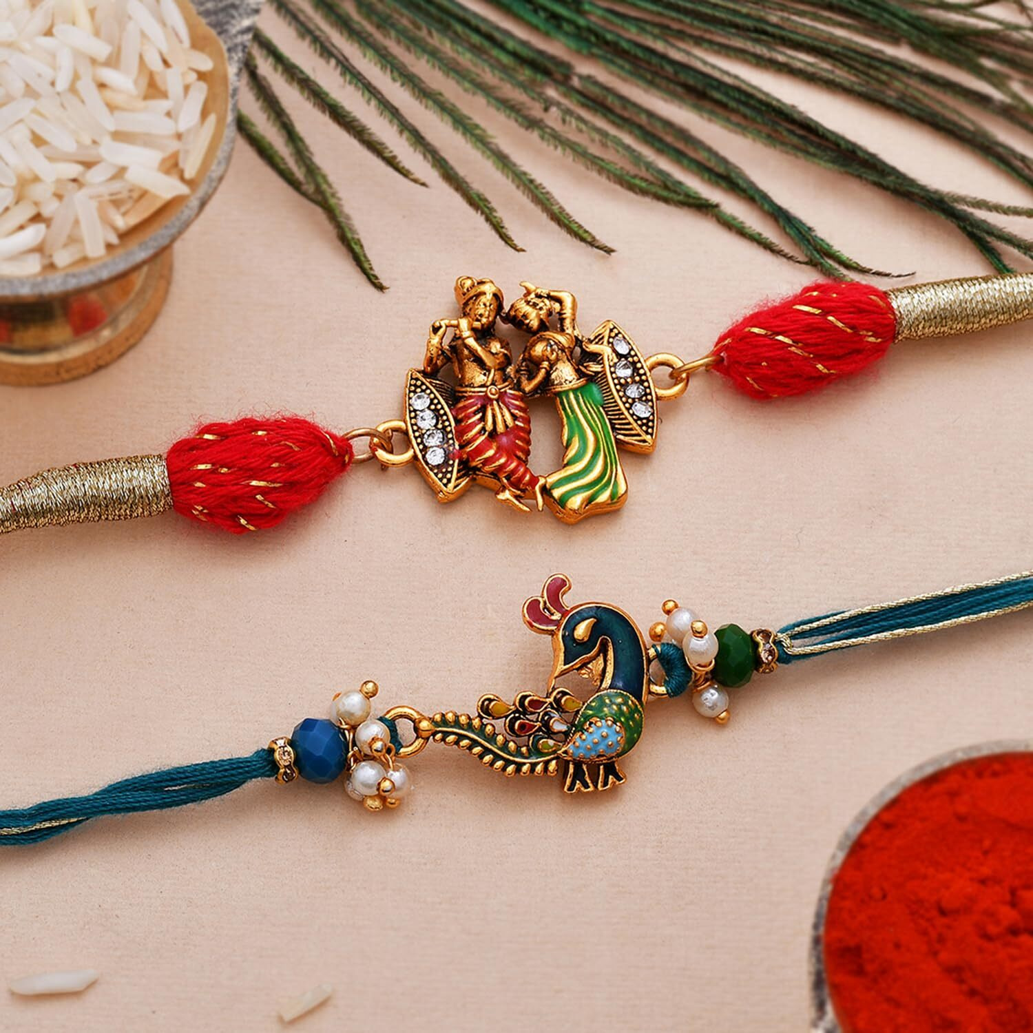 Voylla Set Of 2 Pearl Beads Studded Gold Toned Rakhi