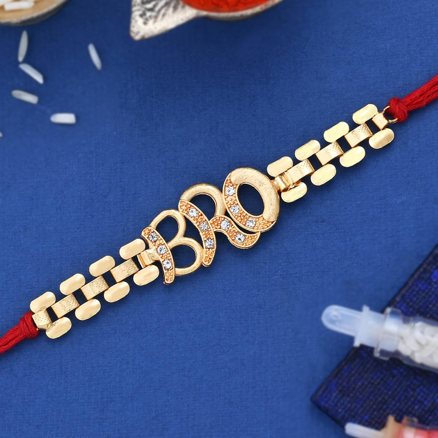 Voylla Bro A Gem Embellished Gold Tone Rakhi With Roli Chawal Pack -Rakhi For Brother
