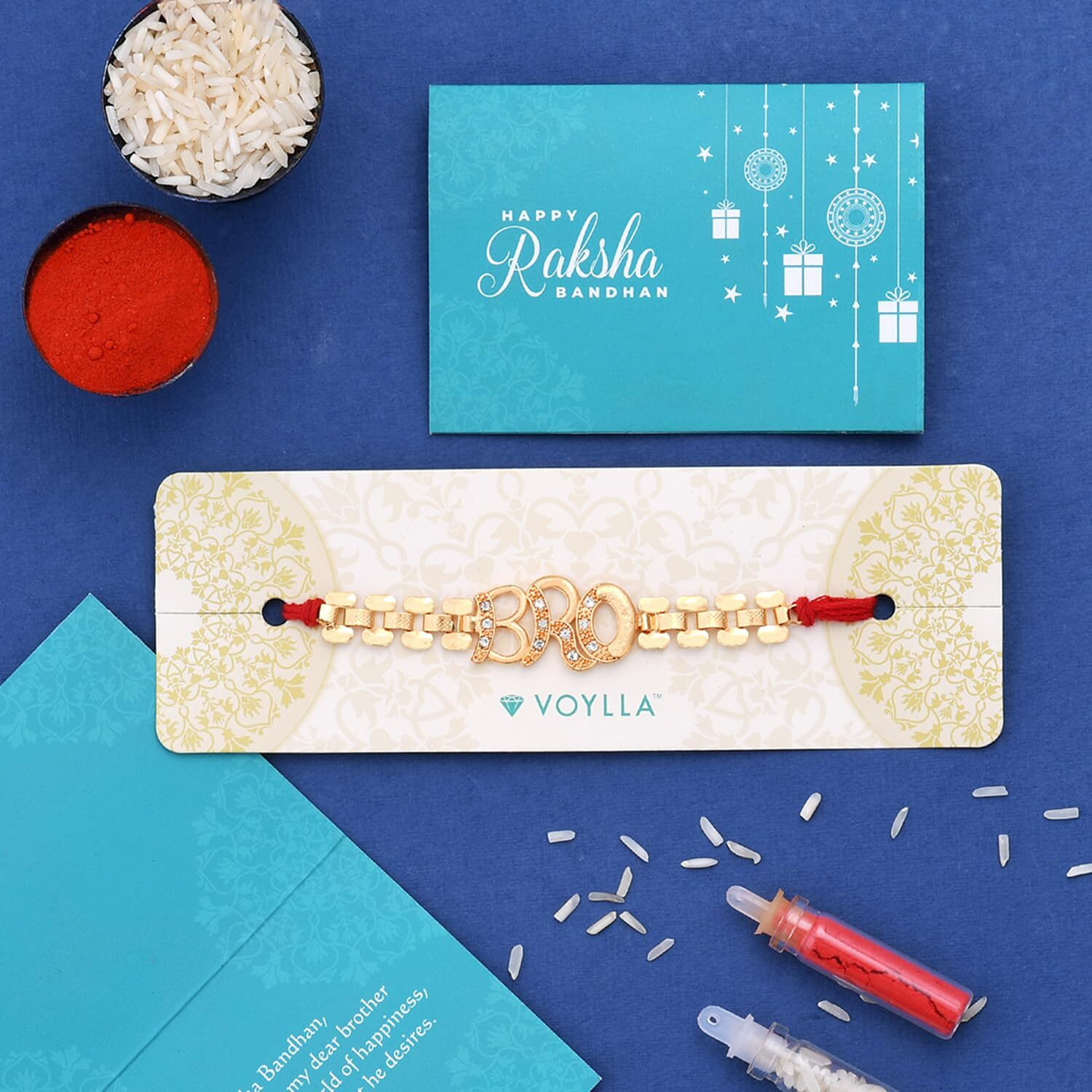 Voylla Bro A Gem Embellished Gold Tone Rakhi With Roli Chawal Pack -Rakhi For Brother