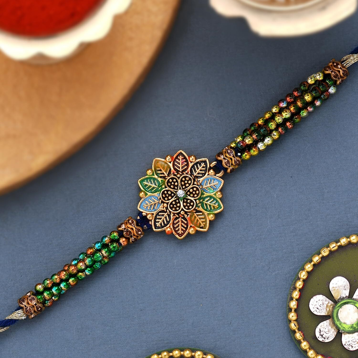 Voylla Leafy Design Rakhi With Muticolor Thread And Beads