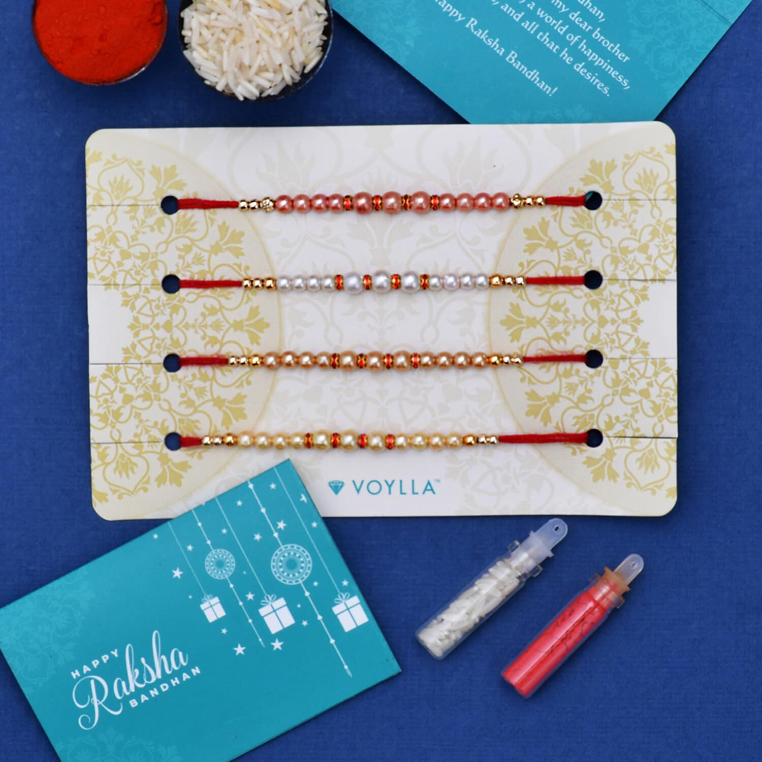Voylla Set Of 4 Pearl Beads Embellished Flamboyant Rakhi