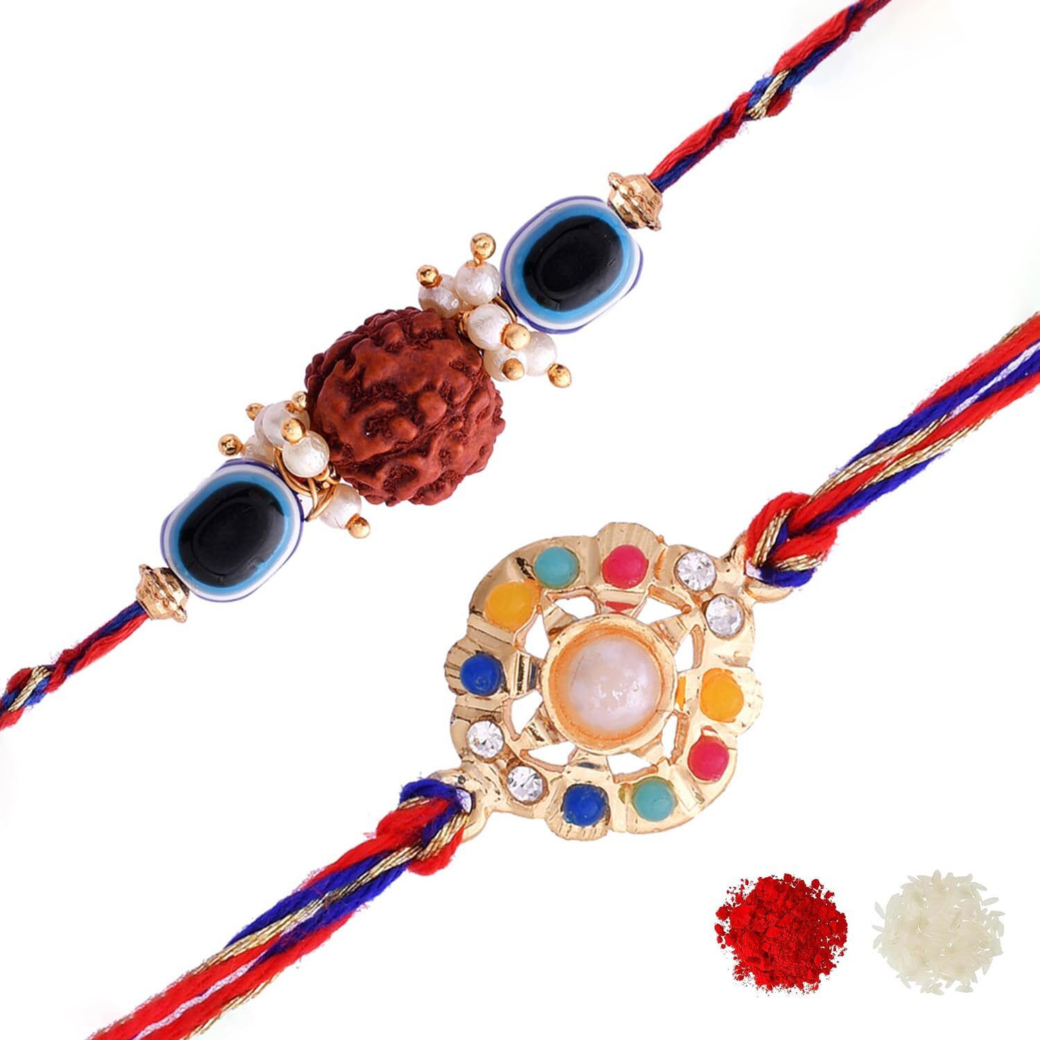 Voylla Set Of 2 Colorful Stones And Rudraksha Evil Eye Rakhi|Rakhi For Brother|