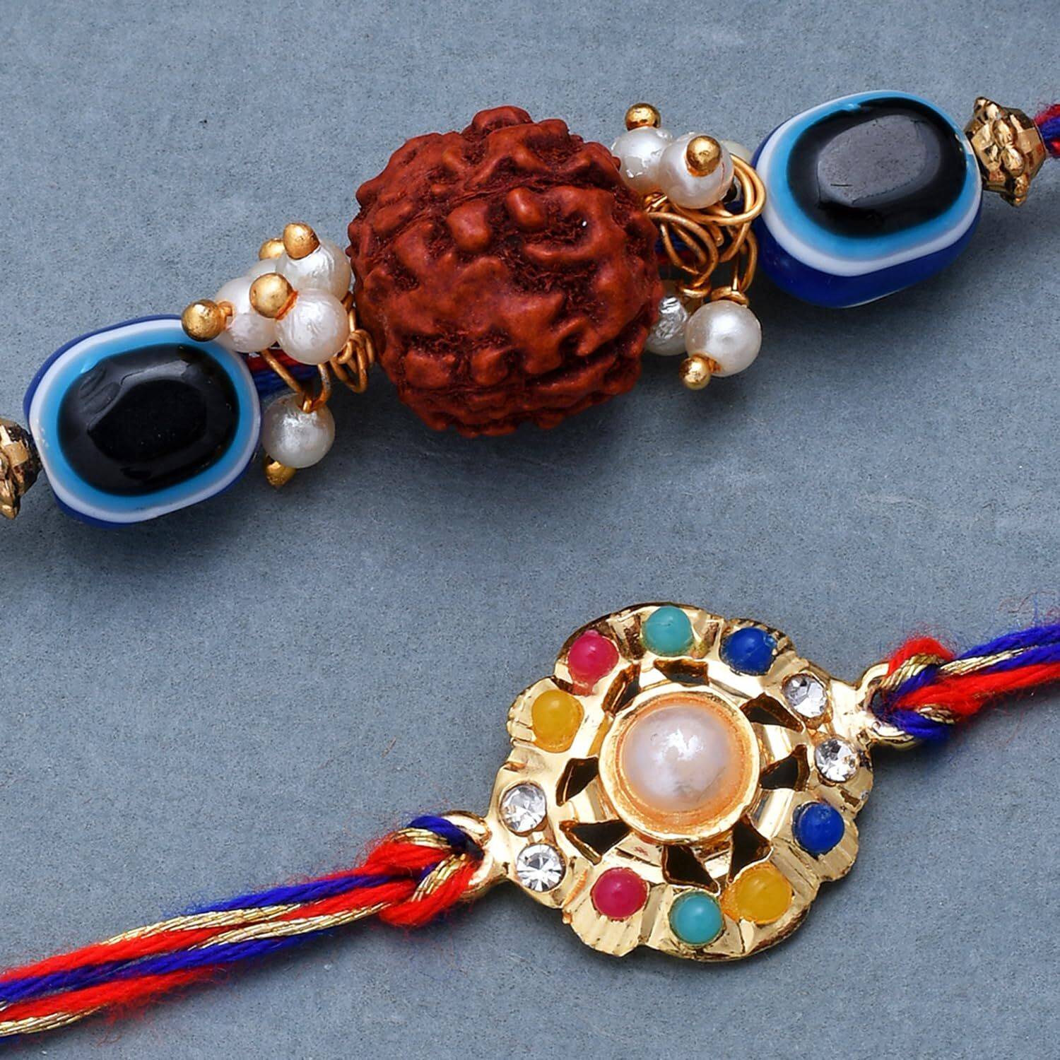 Voylla Set Of 2 Colorful Stones And Rudraksha Evil Eye Rakhi|Rakhi For Brother|