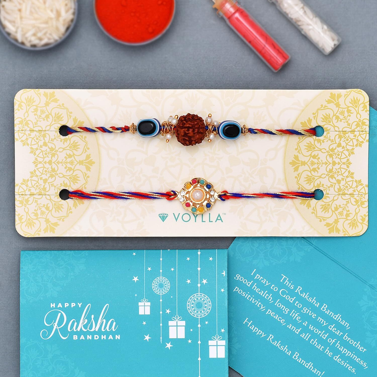 Voylla Set Of 2 Colorful Stones And Rudraksha Evil Eye Rakhi|Rakhi For Brother|