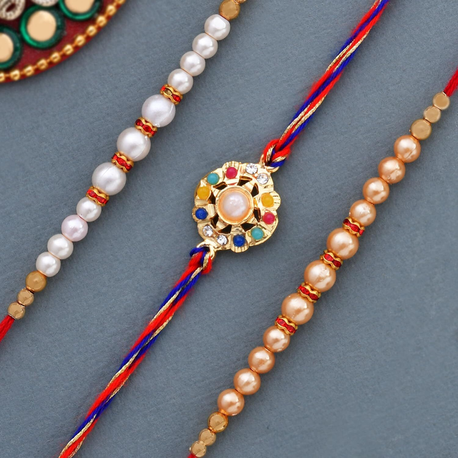 Voylla Set Of 3 Pearl Beads Studded Thread Rakhi