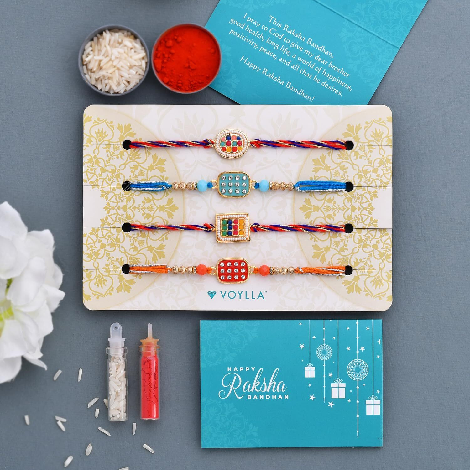 Voylla Set Of 4 Meenakari Kundan Embellished Rakhi
