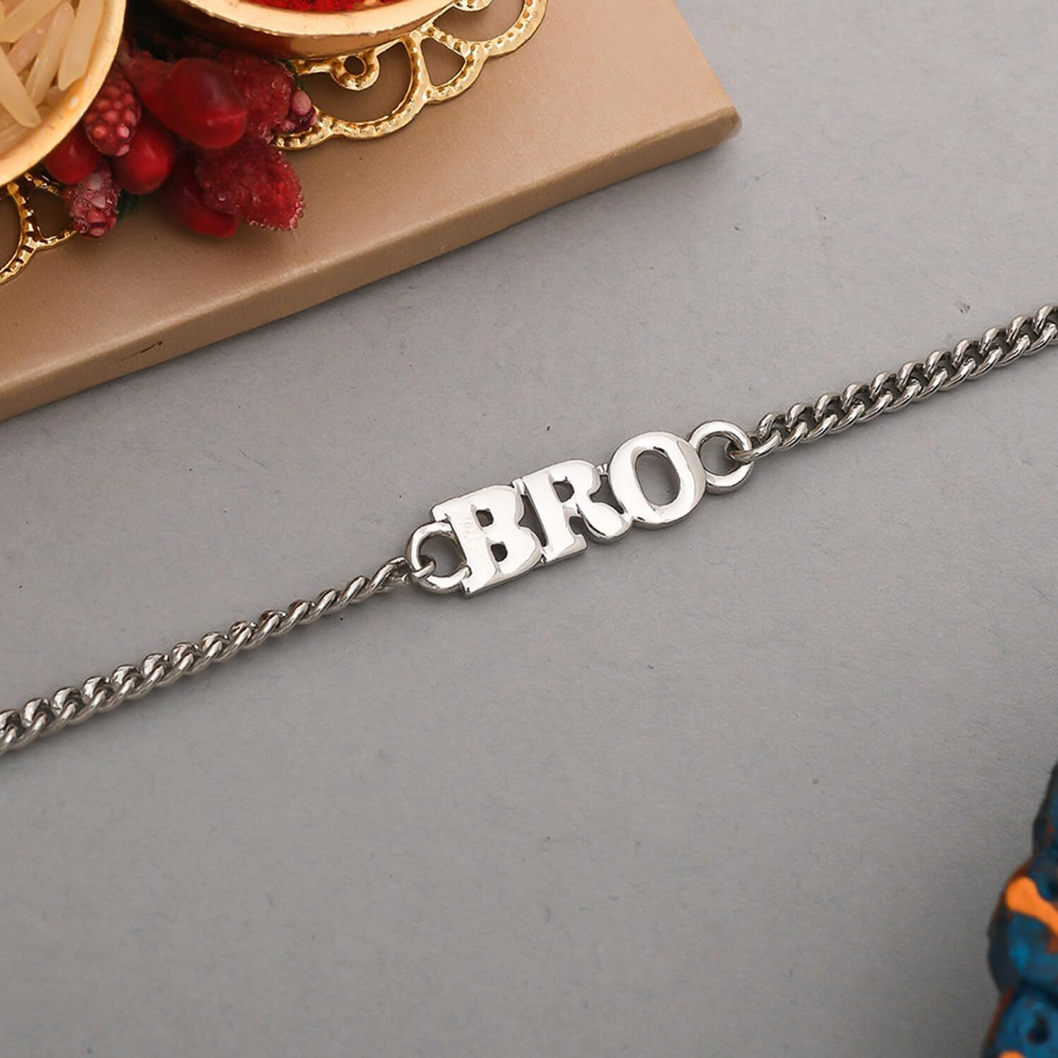 Voylla Silver Tone Fashionable Bro Bracelet Rakhi With Roli Chawal Pack -Rakhi For Brother