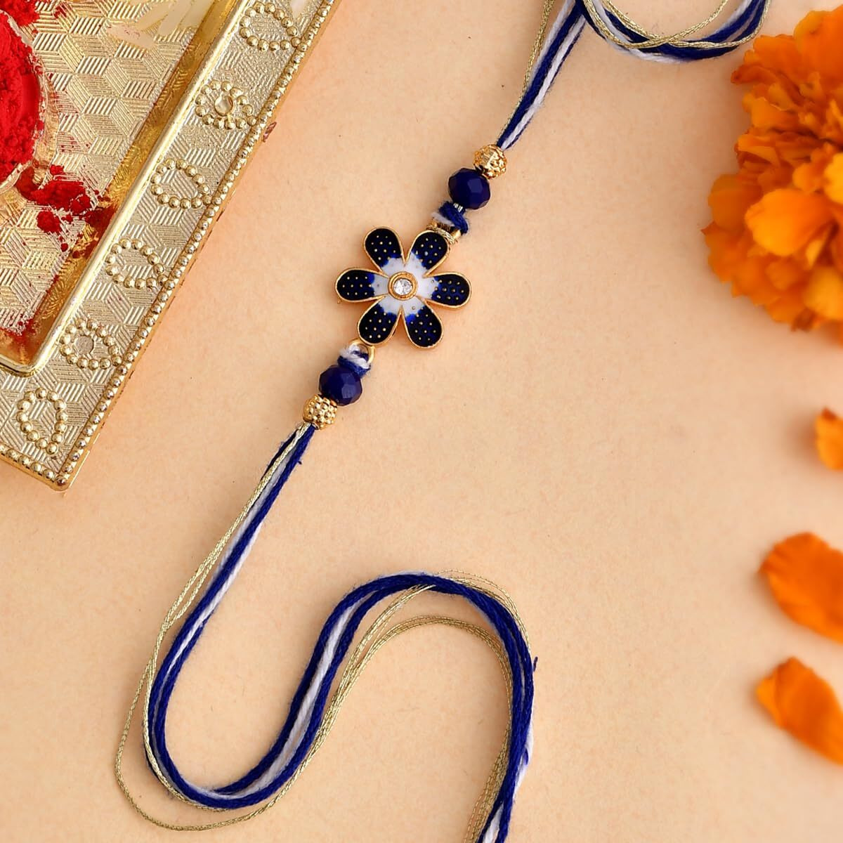 Voylla Ethnic Floral Motif Blue Thread Rakhi With Roli Chawal Pack -Rakhi For Brother