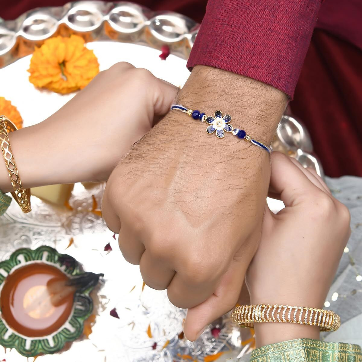 Voylla Ethnic Floral Motif Blue Thread Rakhi With Roli Chawal Pack -Rakhi For Brother