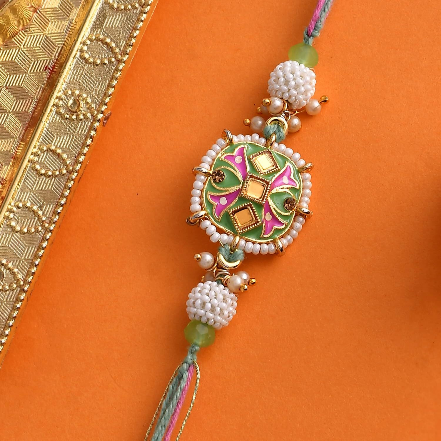 Voylla Enameled Pearl Beads Thread Rakhi With Roli Chawal Pack -Rakhi For Brother